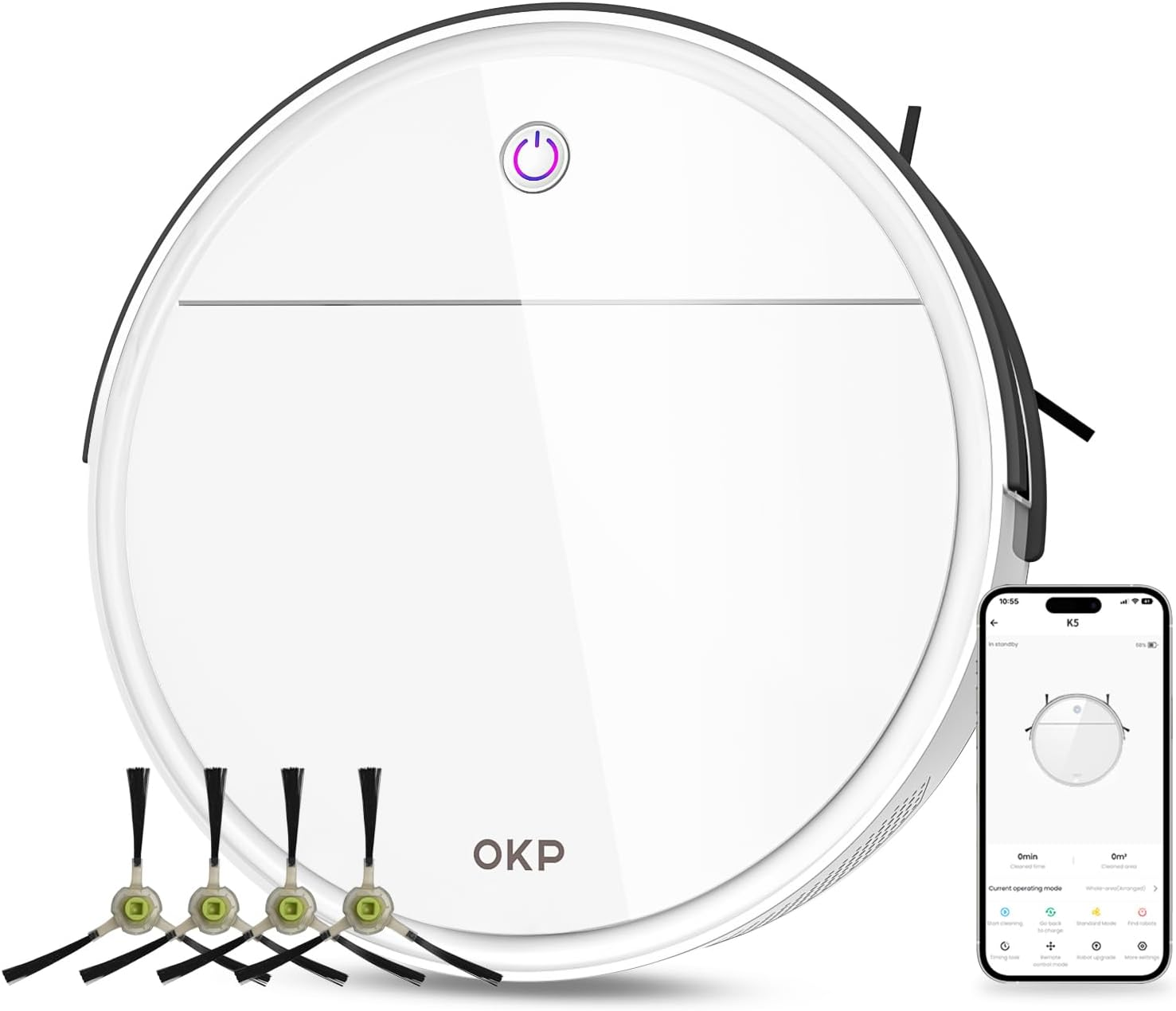OKP K5 Robot Vacuum Cleaner with Freemove 3.0 Navigation, 2500Pa Strong Suction, Wi-Fi/Alexa App Control, 120 Mins Runtime, Auto-Charging, Ultra-Thin & Quiet, for Hard Floors Carpets Pet Hair, White