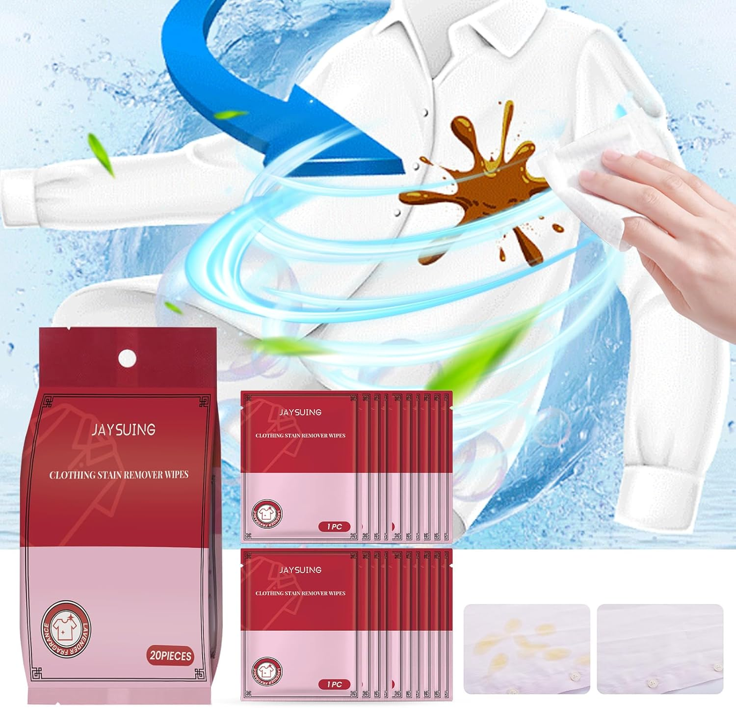 Clothing Stain Remover Wipes, 20-Pack, Deep Cleaning Wipes for Clothes