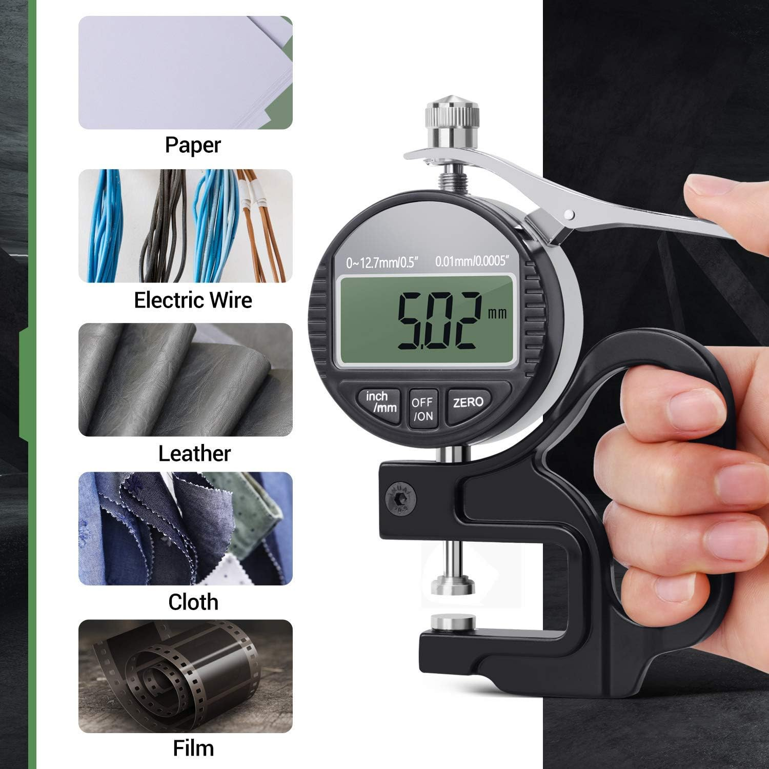 Digital Thickness Gauge 0.5 Inch/12.7Mm, 0.0005"/0.01Mm, Thickness Meter Metric/Inch Paper/Film/Fabric/Tape Thickness Gauge image number 4