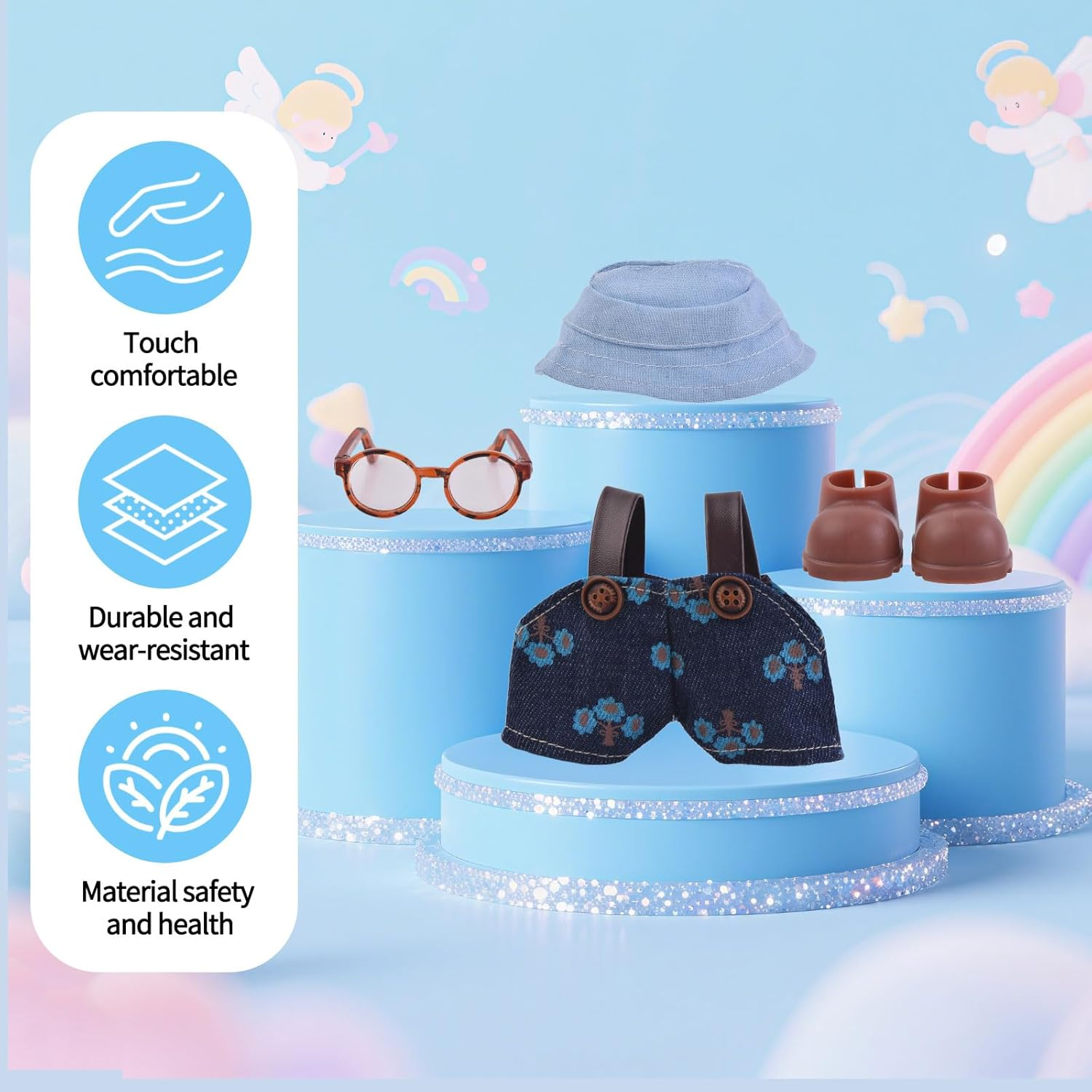 Doll Clothes Set for Labubu, Ocean Blue Overalls Outfit with Hat, Shoes & Glasses Accessories - Fits 17Cm Dolls image number 2