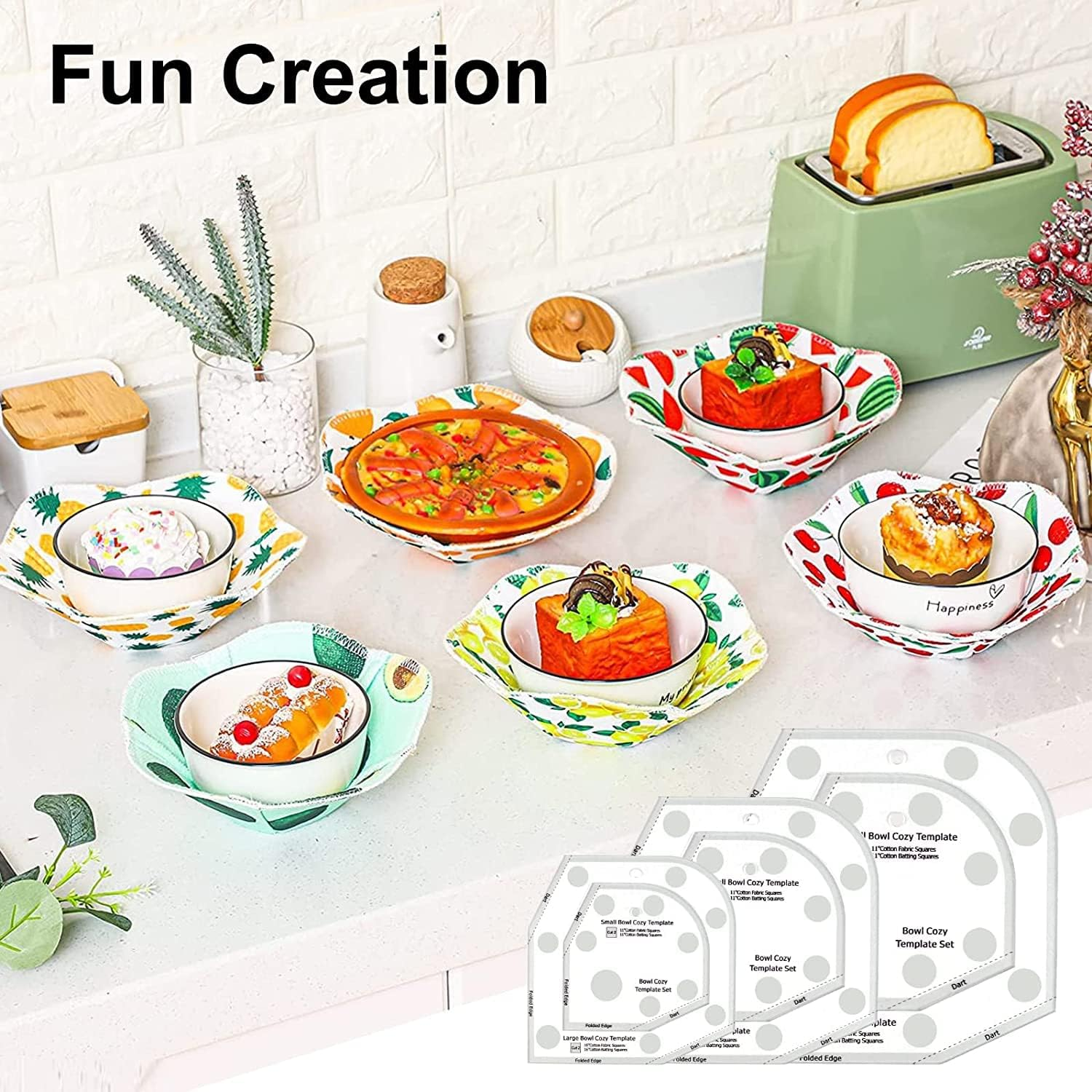 Bowl Cozy Template Cutting Ruler Set, 3Pcs Acrylic Transparent Quilting Bowl Templates for Hot and Cold Food Bowl Rack, DIY Kitchen Art Craft Acrylic Stencil Cut on Fold Template Sewing (White) image number 3