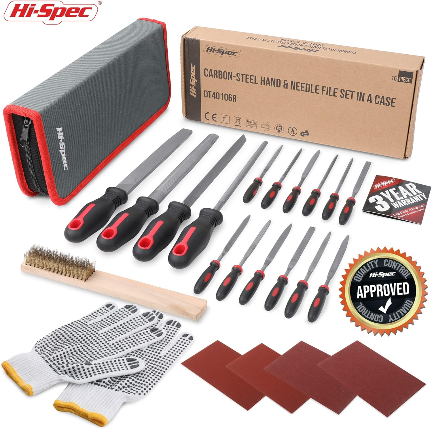 Hi-Spec 17 Piece Metal Hand & Needle File Tool Kit Set. Large & Small Mini T12 Carbon Steel Flat, Half-Round, round & Triangle Files. Complete in a Zipper Case with a Brush image number 4