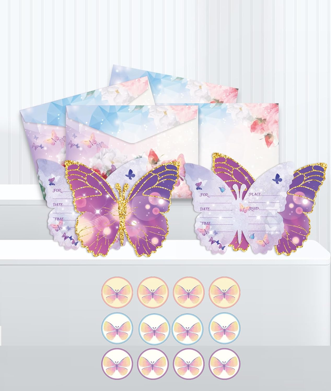 German Birthday Invitations, 12PCS Butterfly Party Cards with Fancy Envelopes and Seal Stickers, Kids Party Invitations with Stickers image number 1