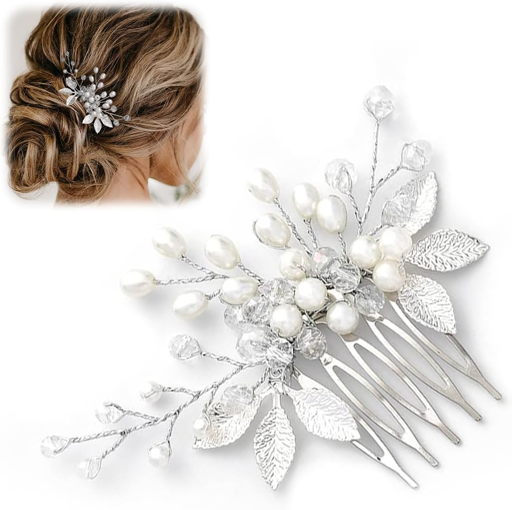 VIVIIHOO Flower Wedding Hair Comb with Silver Beads - Hair Accessories Wedding - Bridal Hair Accessories for Women and Girls image number 6