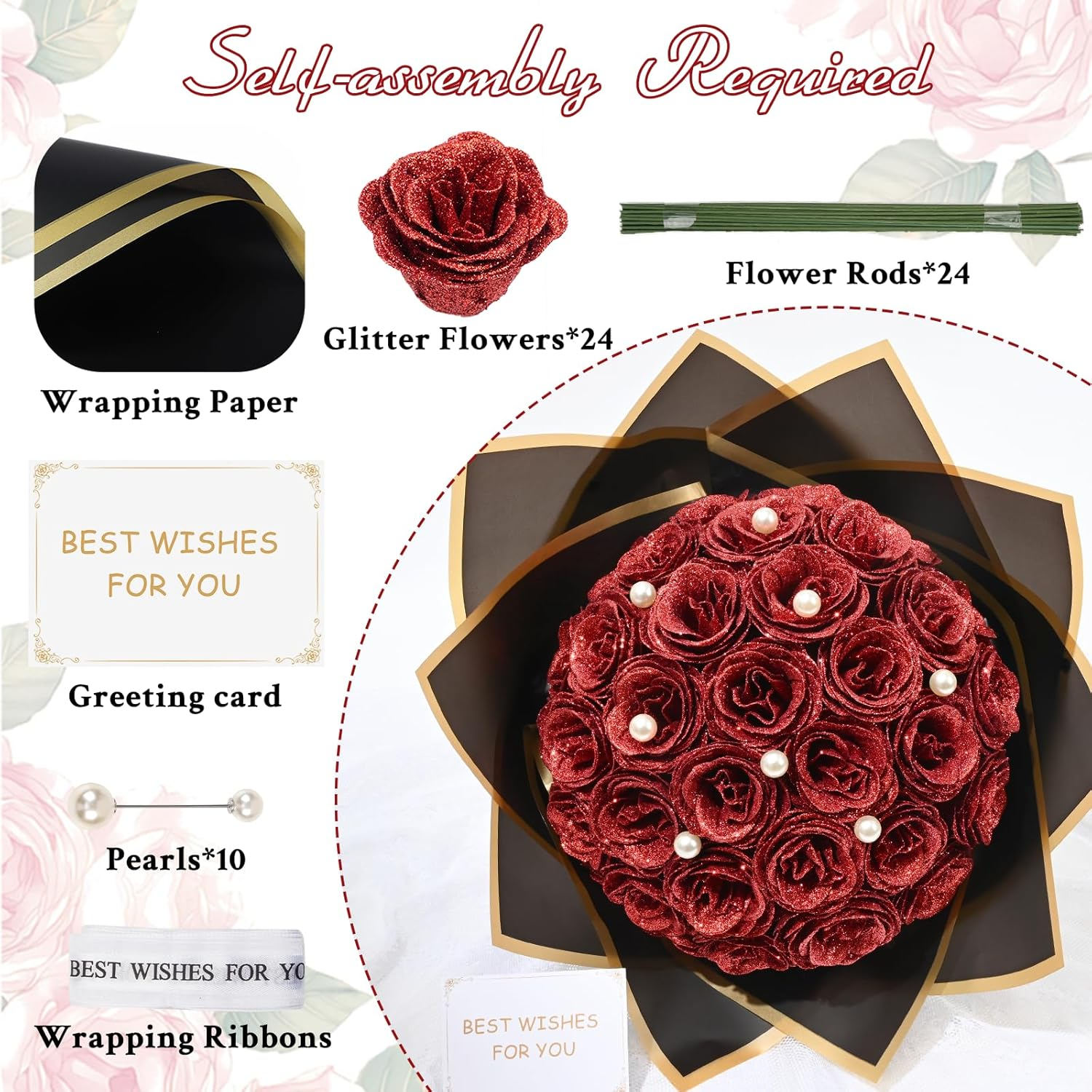 Waipfaru Red Glitter Roses Bouquet, DIY Fake Flowers Bouquet, Everlasting Shiny Artificial Rose Bouquet for Valentine'S Day, Anniversary, Engagement, Wedding, 24 Roses image number 7