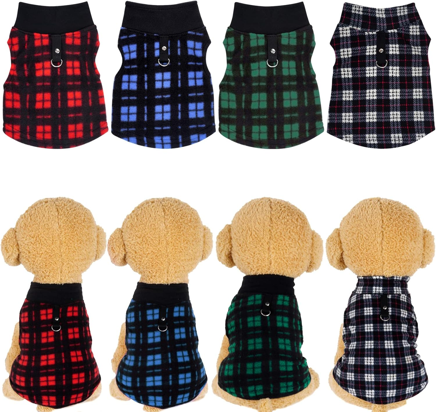 Rbenxia 4-Piece Buffalo Plaid Dog Sweater Set - Soft Fleece Jacket & Vest with Leash Ring - Warm Winter Outfits for Small Puppy & Cat Pets (X-Large) image number 3