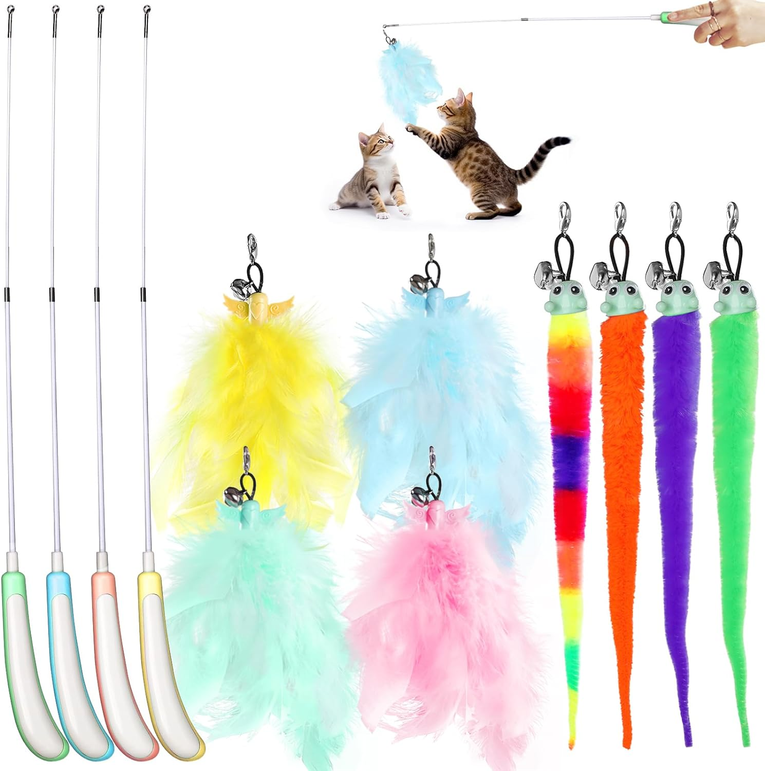 Hianjoo 12PCS Teaser Cat Toy, 4 Retractable Cat Wand Toys and 8 Replacement Teaser Refills with Bell, Interactive Catcher Teaser for Kitten or Cats image number 4