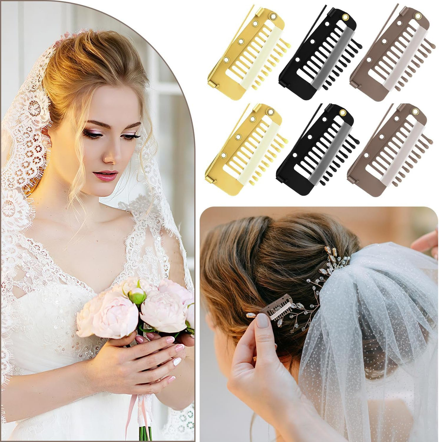 LYSAIMG 15 Pcs Wig Clips,Chunni Clips with Safety Pins,3 Color Hair Extension Clips,Strong Chunni Grip Hair Clip,Metal Wig Clips,Diy Comb,Portable to Secure Wig for Women Men