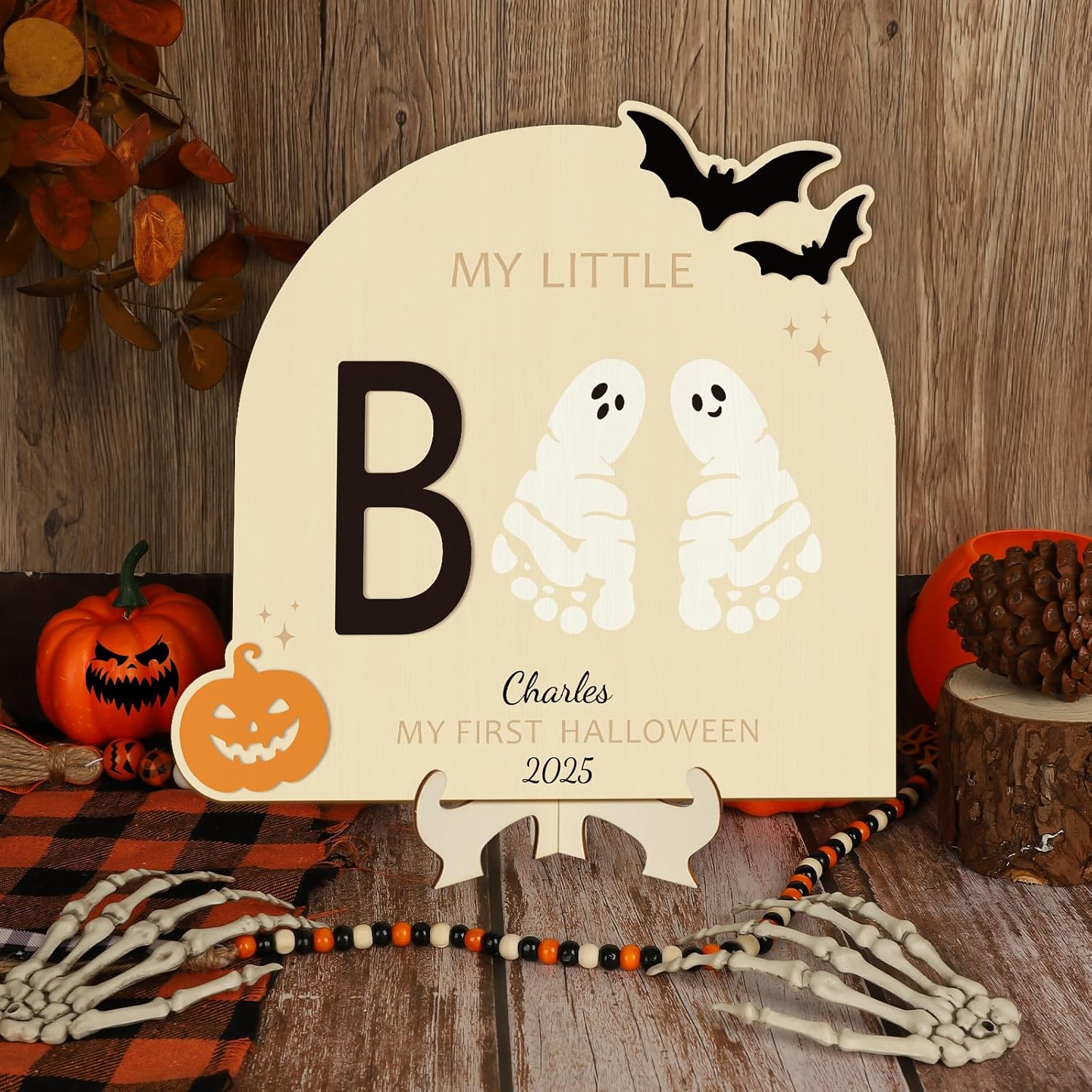 Sereliy Baby'S First Halloween DIY Footprint Art Card, Wooden Little Boo Sign Keepsake Ornaments for Baby Shower Newborn Photoshoot Prop (Boo) image number 6