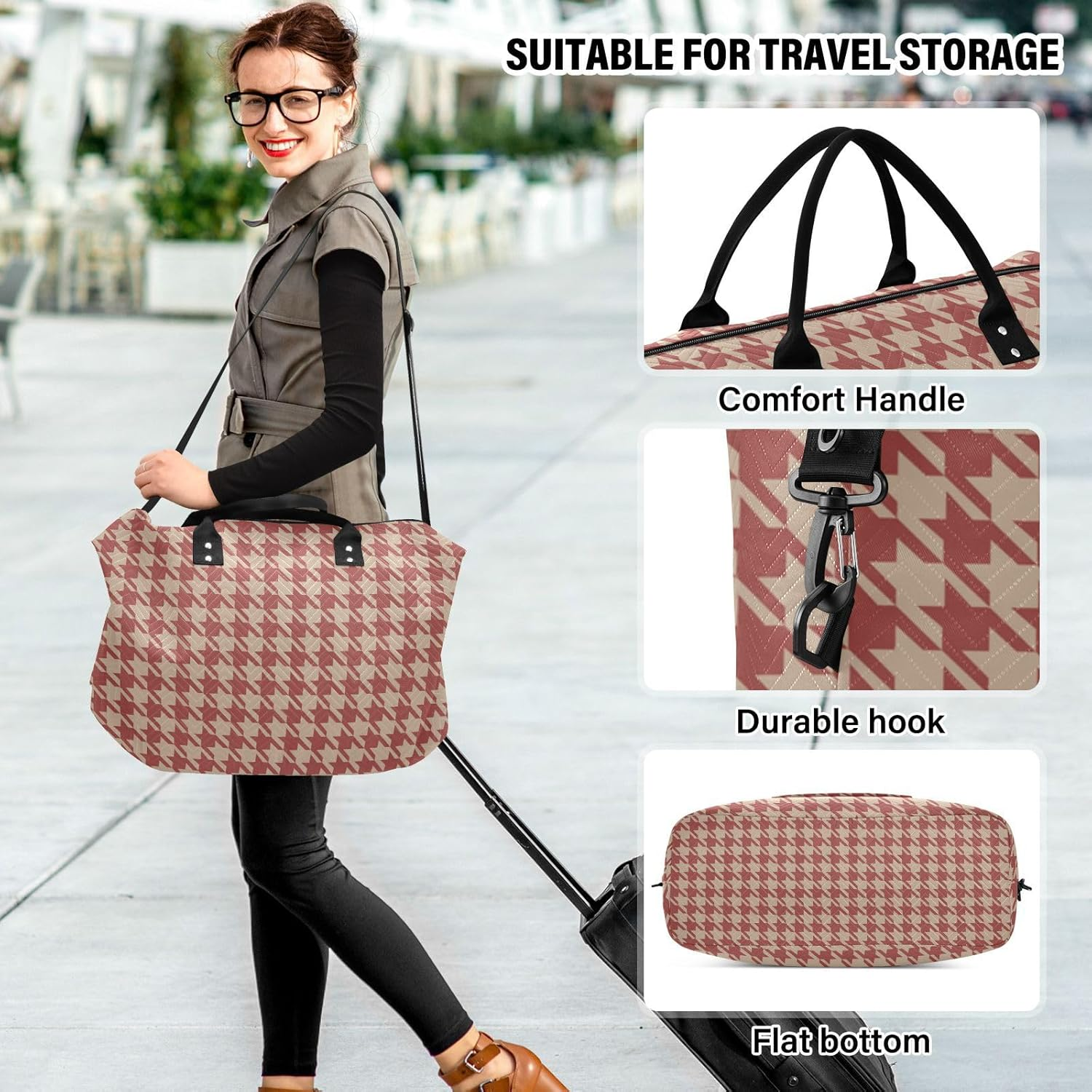 Large Travel Duffel Luggage Weekender Duffel Bag Houndstooth Buffalo Plaid Tartan Check Red Tote Bag with Adjustable, Houndstooth Buffalo Plaid Tartan Check Red, Set of 2, Art Deco image number 6