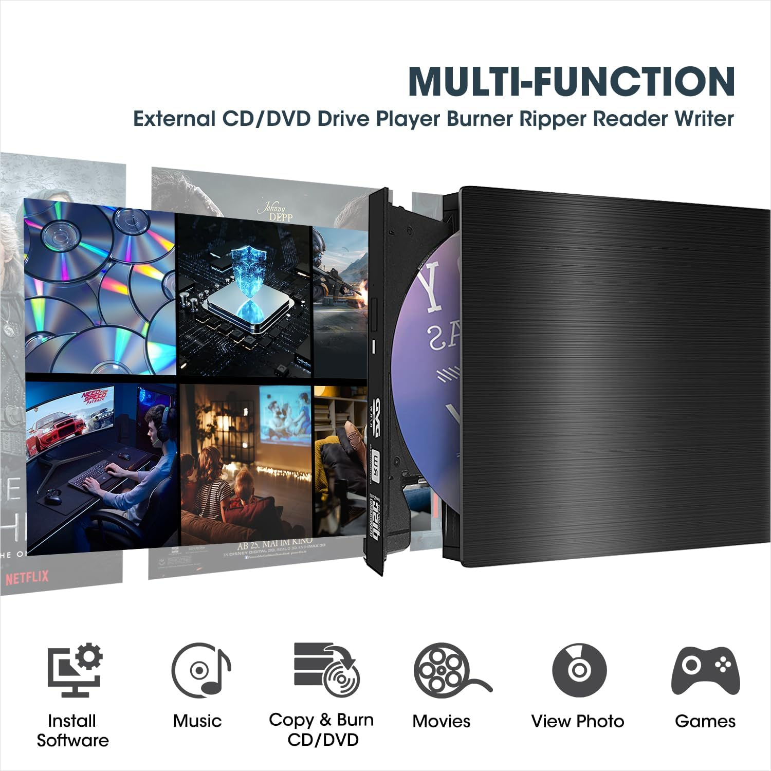 ROOFULL External CD DVD Drive for Laptop, USB 3.0 Type-C Portable CD/DVD Player Burner Reader Writer Adapter for Windows 11/10 Computer Mac Macbook Linux PC image number 3