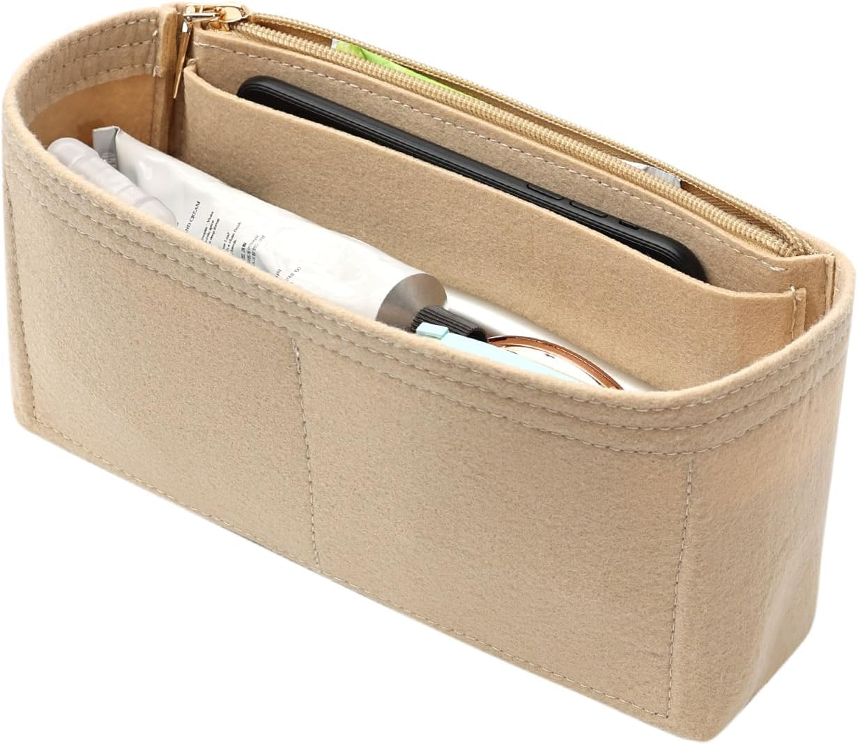 Surblue Purse Organizer Insert for Handbags, Felt Bag Organizer with Zippers Handbag Shaper Pouch for Classic 19 Flap Bag, Marmont, Onthego,（Khaki, Slender S） image number 6