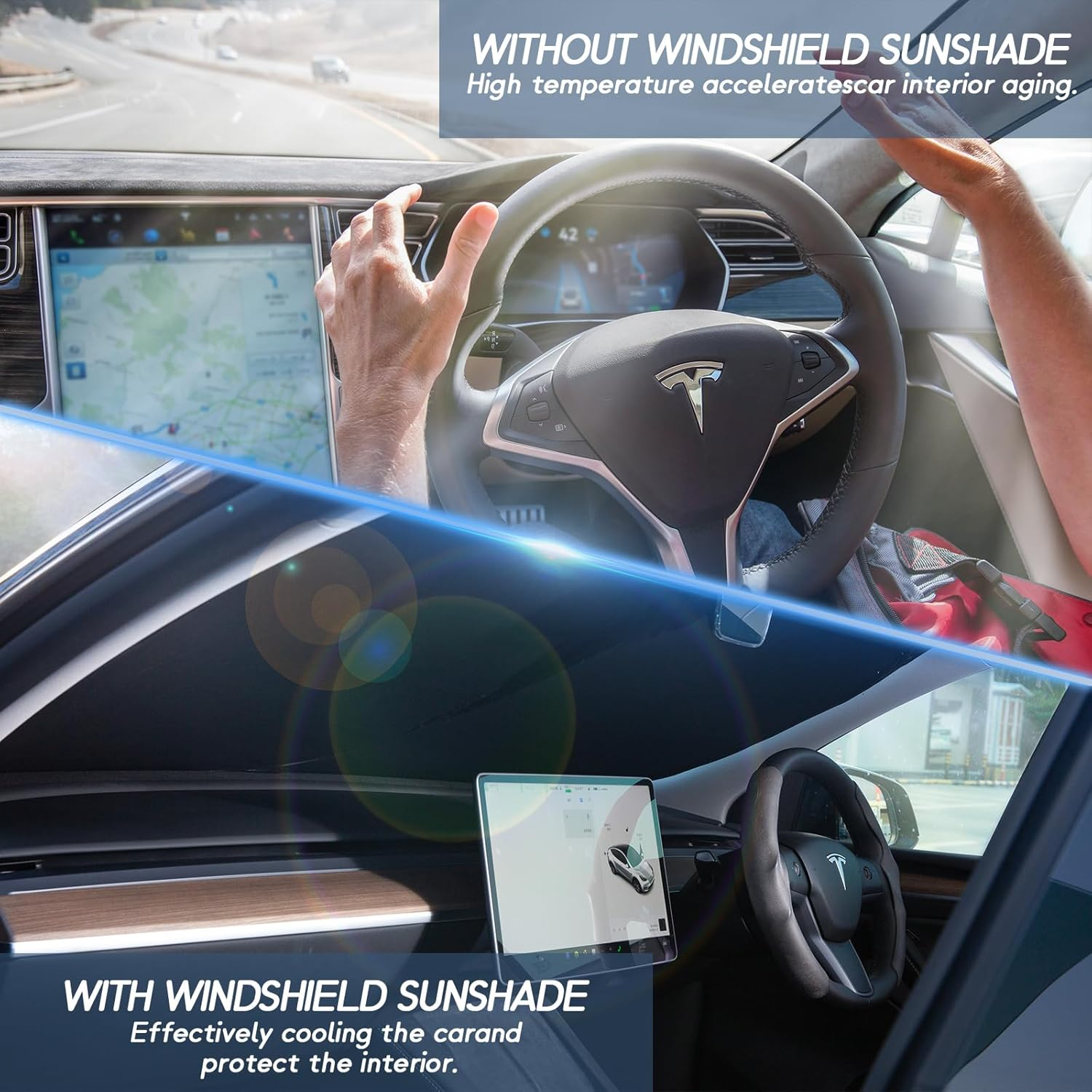 Car Windshield Sunshade for Tesla Model 3/Molde Y 2016-2024, Front Window Foldable Sunshade Sun Heat Protection, Full-Size Front Sun Shade Portable Sun Blocks UV Rays for Tesla Model 3/Model Y