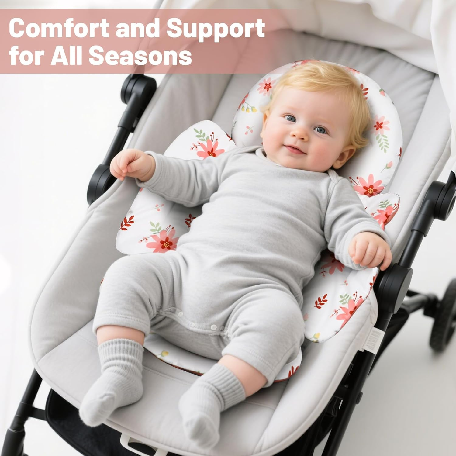 KAKIBLIN Infant Car Seat Insert, Baby Car Seat Cushion, Car Seat Head Support for Infant,Breathable Reversible Carseat Insert Support for Newborn Stroller, Baby Swing, Bassinets, Pushchair (Pink) - Grey image number 7