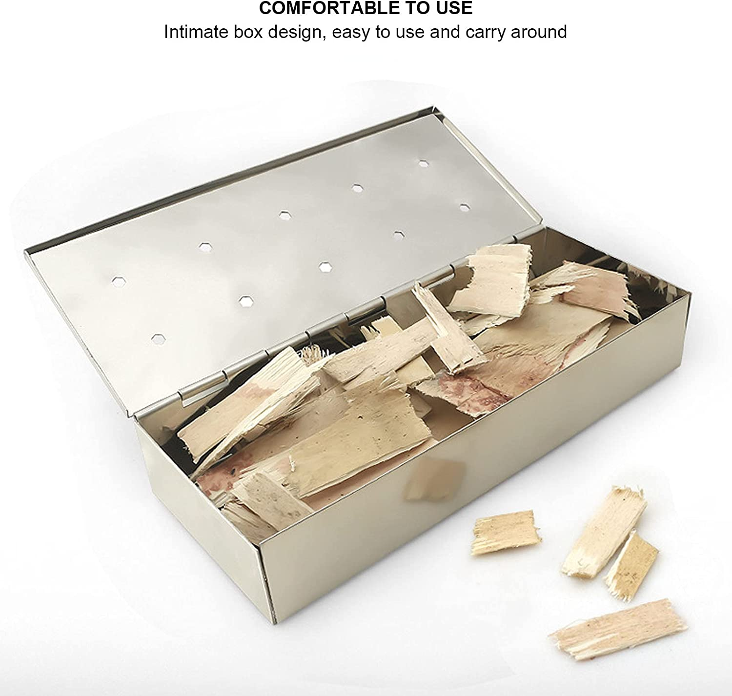 Cave Tools Grill Smoker Box Starter Kit for Wood Chips, 10‑Holes Stainless Steel Bucket Style with Hinged Lid, BBQ Grill and Smoker Accessories Smoker image number 1