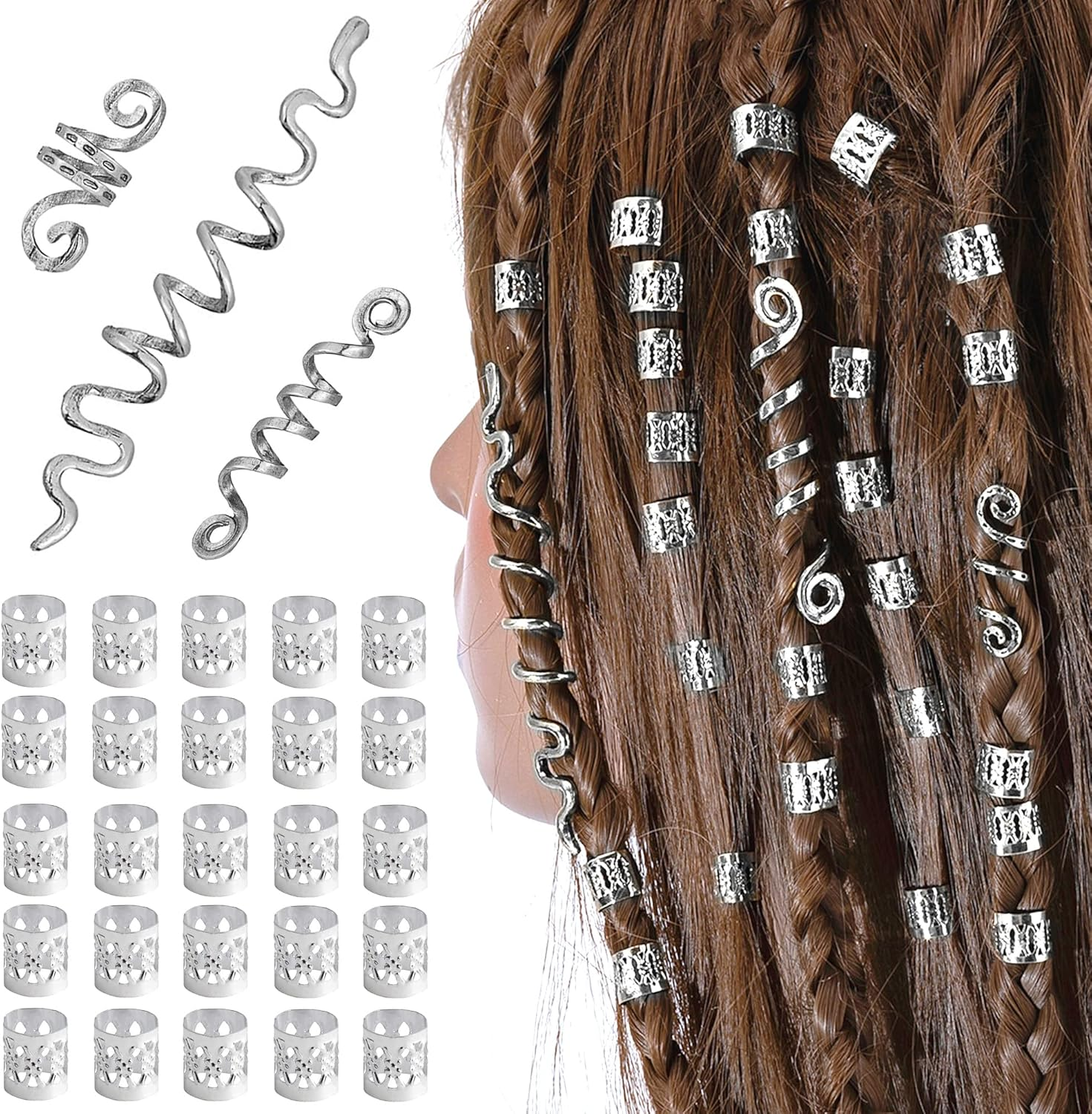 XCSJ 28 Pieces Dreadlock Jewellery Hair Spirals Clips Hair Braid Rings Adjustable Metal Cuffs Hair Dreadlocks Accessories Cuffs Hair Accessories Set Hair Spirals Dreadlocks for Men, Women (Black)