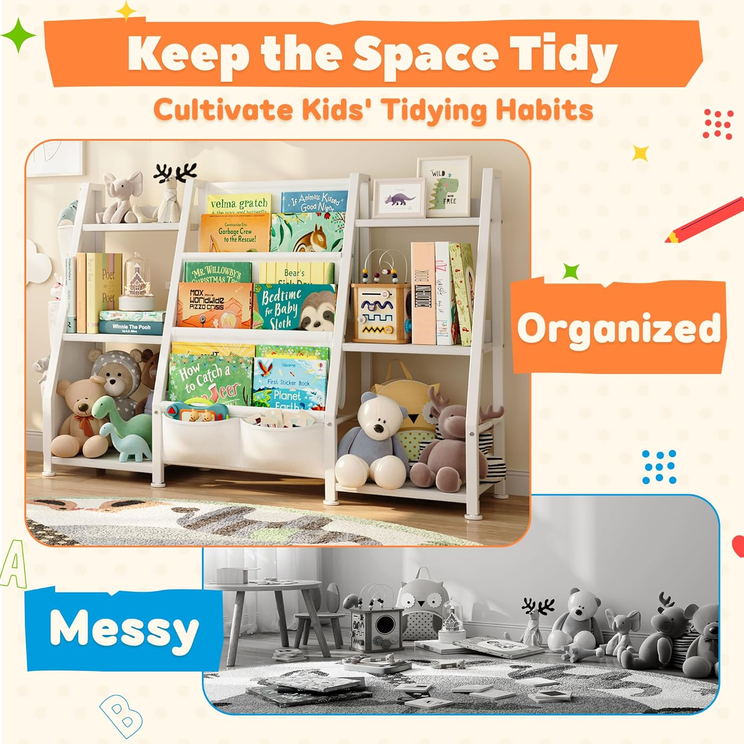 Gotiling Kids Bookshelf Large Storage Bookcase: 3-Tier Book Sling Shelf Toy Organizer for Toddler - Display Rack with 3 Pockets for Kids Rooms, Bedroom, Playroom, Nursery (White, Wood + Metal) image number 4