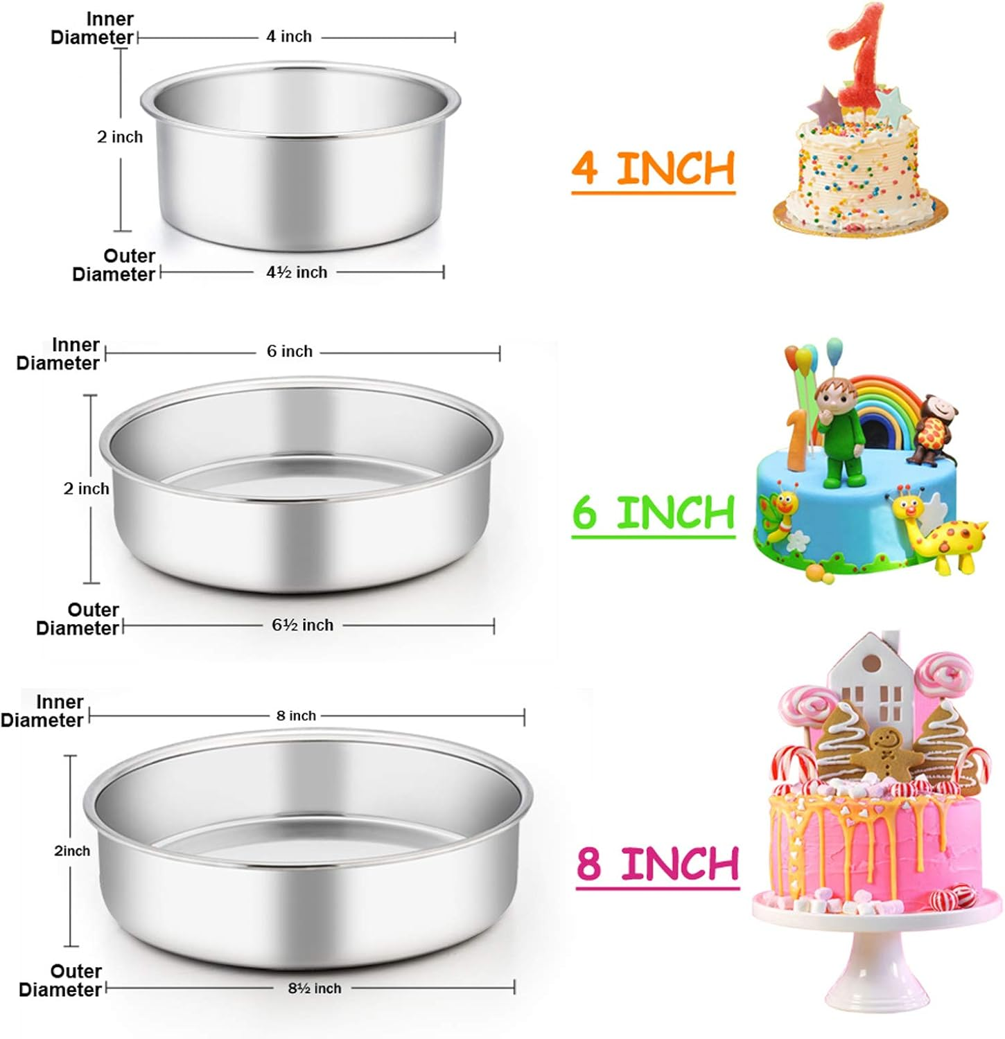 Cake Pan Set of 3 (4 Inch/6 Inch/8 Inch), E-Far Stainless Steel Small round Layer Cake Baking Pans, Perfect for Tier Smash Cake, Non-Toxic & Healthy, Mirror Finish & Dishwasher Safe image number 6