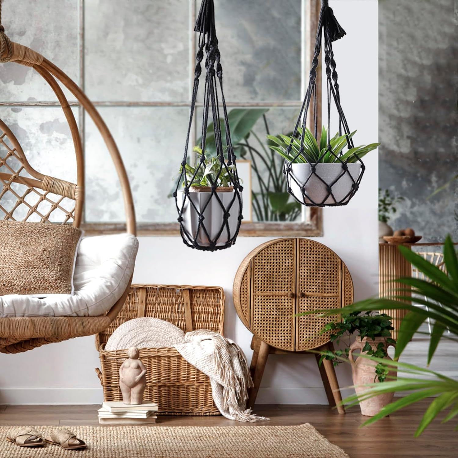 Artilady Black Plant Hanger Macrame Hanging Planter for Indoor Boho Plants Holder with Hooks Hanging Plant Basket Outdoor Window Wall Plants Home Decor - Black Macrame image number 2