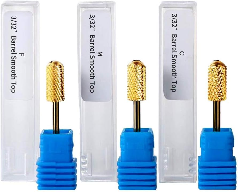 Safety Nail Drill Bits - 3/32'' Smooth round Top Large Barrel Carbide Bits, Suitable for Manicure Pedicure Cuticle Gel Polishing, Beginners Bits, Gold, 3Pcs (Fine, Medium, Coarse) image number 6