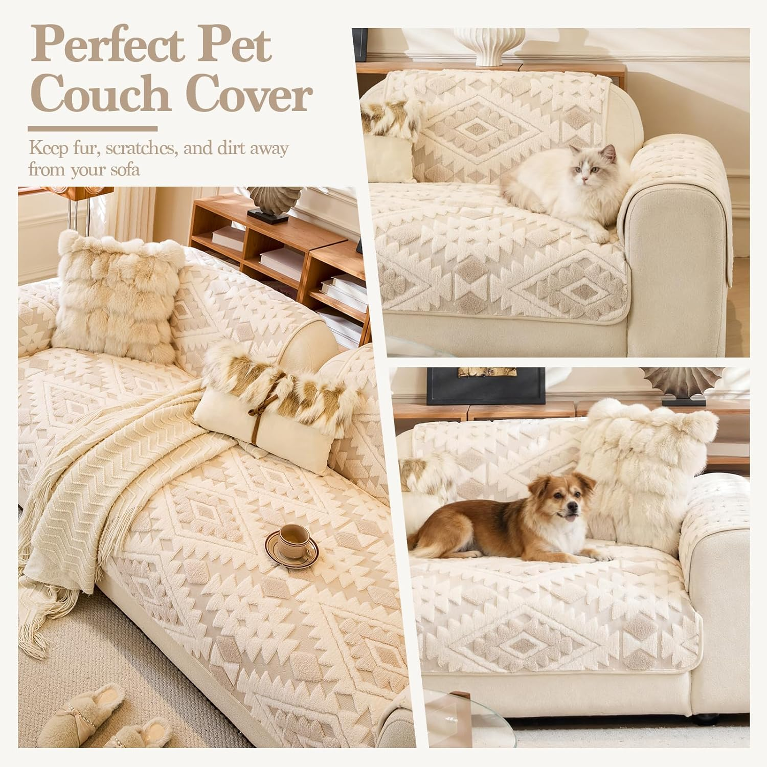 WEYOND Couch Cover for Dogs Washable, Soft Plush Sofa Cover for Loveseat & 2/3 Cushion Sofa, Pet-Friendly Couch Covers for Sofa, Non-Slip Sofa Slipcover (90 X 210 Cm, Beige) image number 6