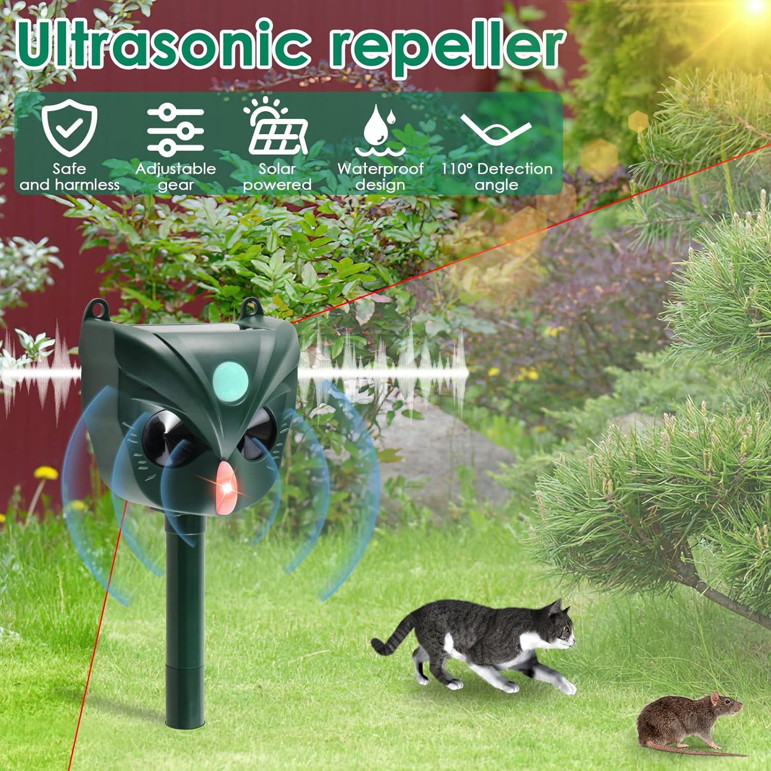 DJAPWPX Ultrasonic Cat Deterrents 5 Sensitivity Modes Solar Cat Repellent 1800Mah Rechargeable Solar Repellent Devices Solar Animals Repeller Humane Outdoor Ultrasonic Repeller for Yard Lawns