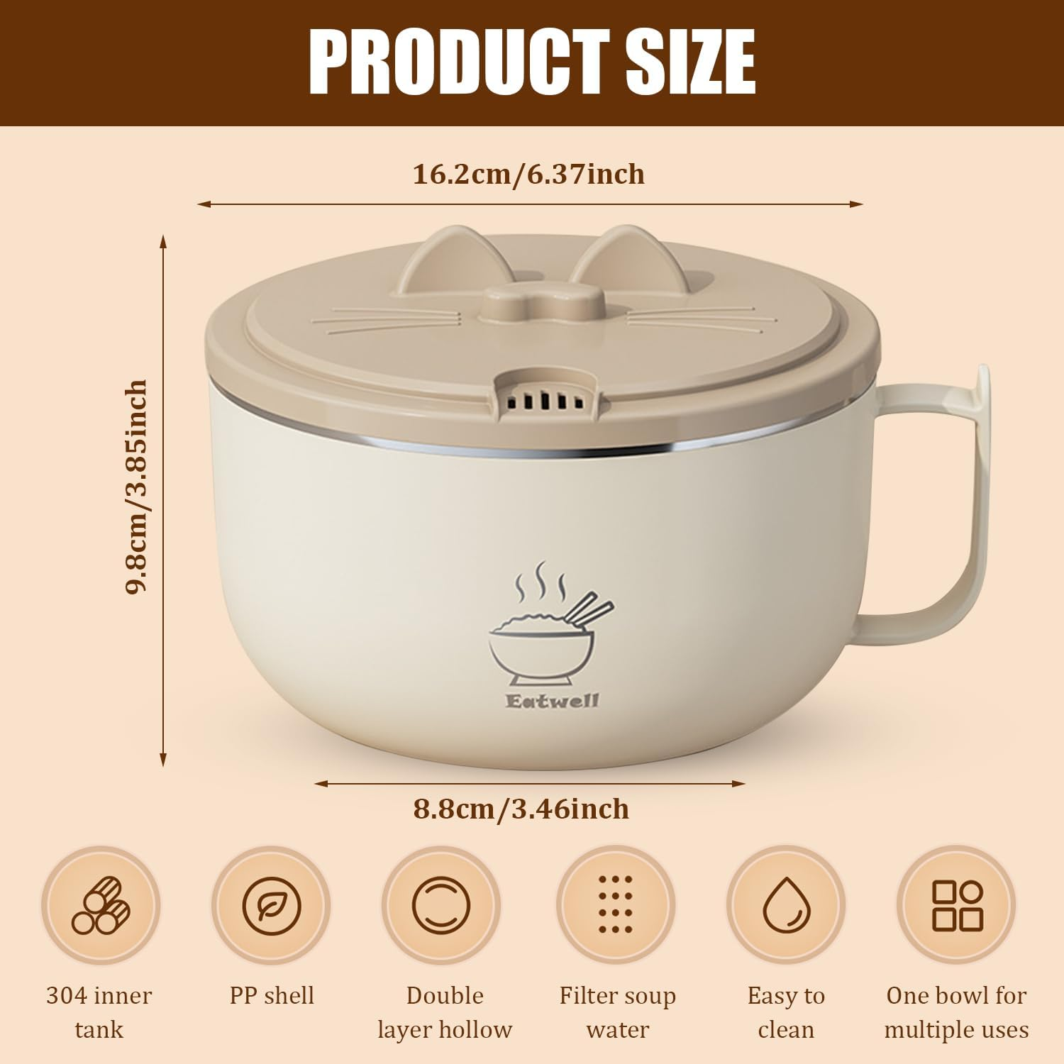 Ramen Bowl Set Noodle Bowls with Lid and Handles, Stainless-Steel Bowls with Drain Hole, Multifunctional Bowl Sets, BPA Free and Dishwasher Safe for Office College Dorm Room Instant Cooking - Beige image number 3