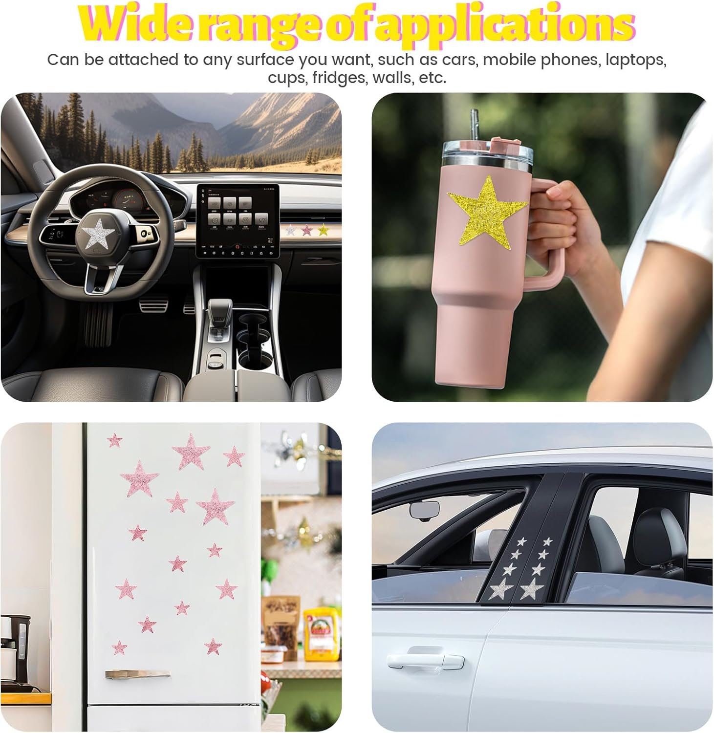 15 Pack Rhinestone Star Stickers, Bling Car Stickers Self Adhesive Diamond Decals, 4 Sizes Glitter Crystal Gem Decoration Appliques for Auto Window Laptop Luggage Phone (Silver)