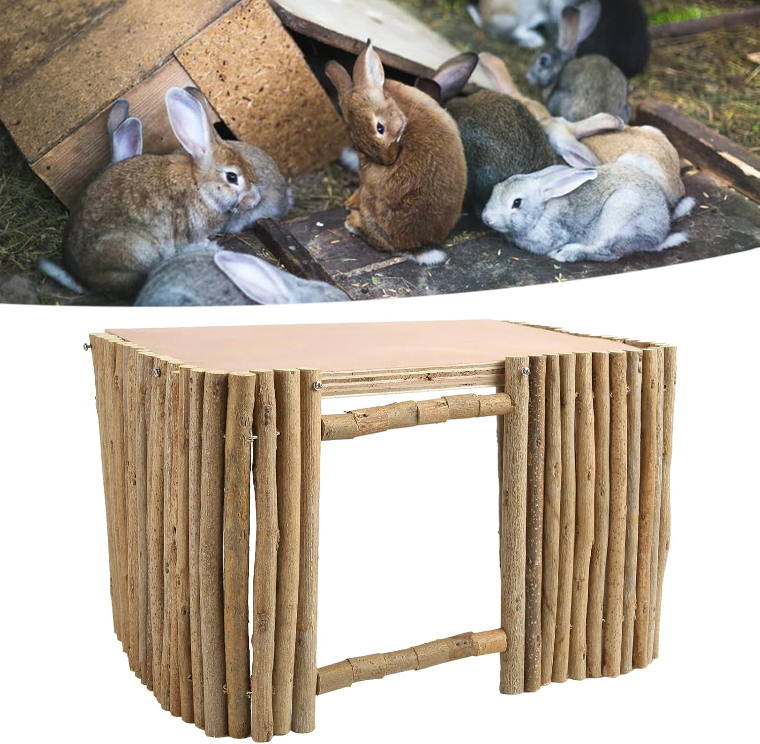 Wooden Rabbit Castle Hideout with Platform, Safe Breathable Small Animal House for Rabbits, Hamsters, Guinea Pigs, Fine Polished, Easy to Install image number 1