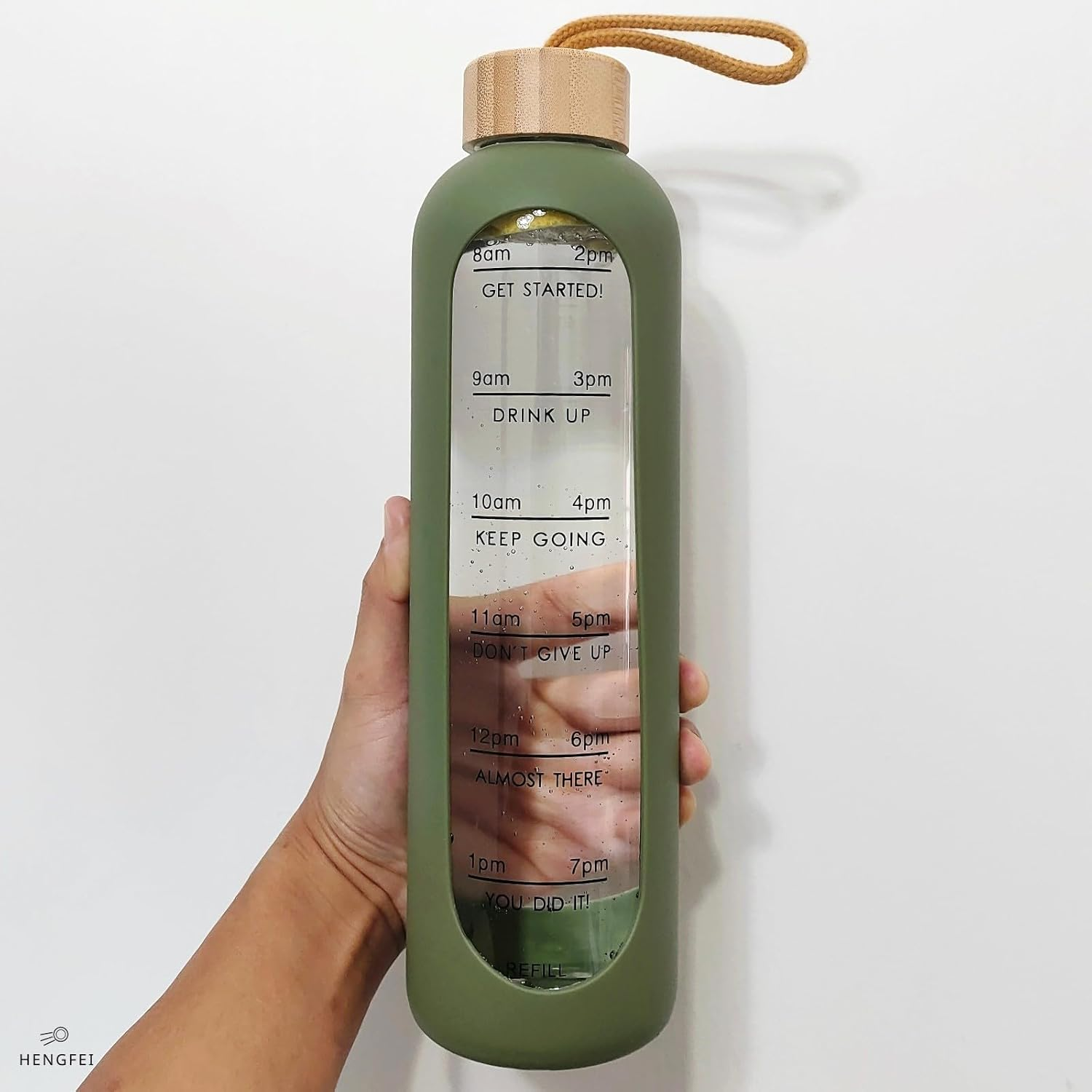 HENGFEI 1 Litre Borosilicate Glass Water Bottle with Time Markings and Reminder Quotes, Glass Drink Bottle 1L with Silicone Sleeve and Bamboo Lid. (Army Green Silicone Sleeve) - Blue Silicone Sleeve image number 2