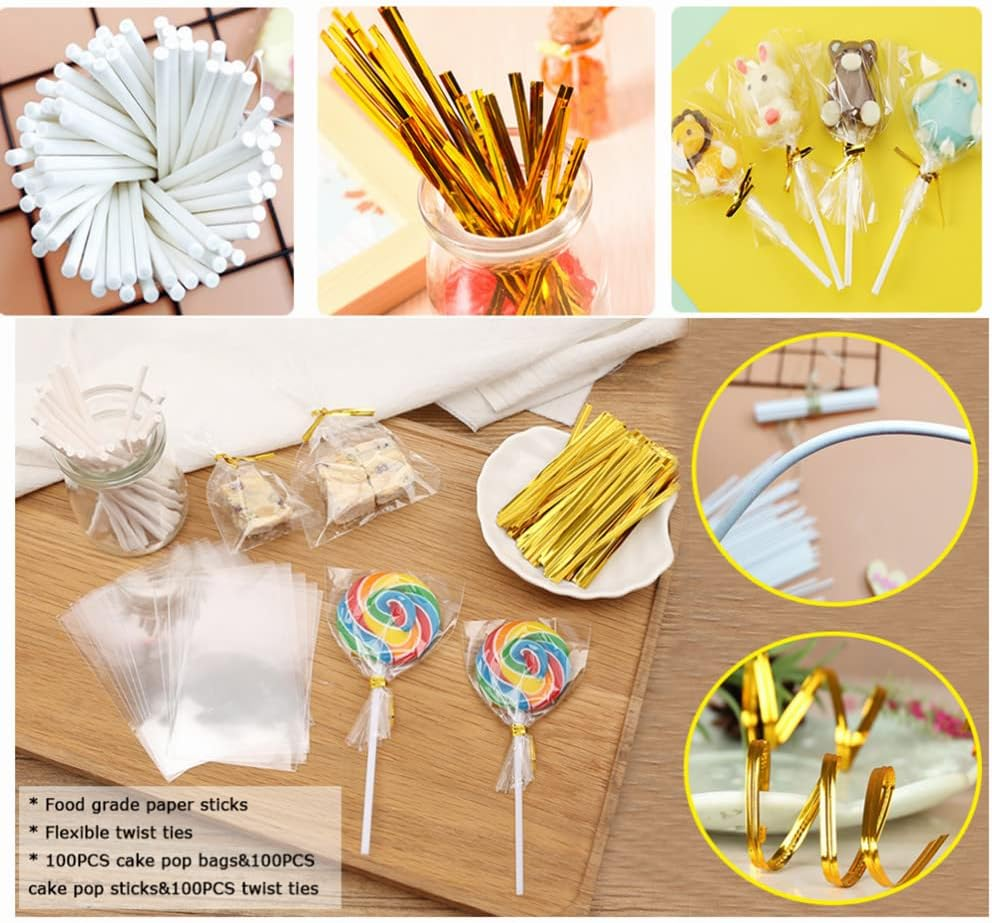 Cake Pop Sticks and Wrappers Kit,100Pcs Parcel Bags, Papery Treat Sticks, 100Pcs Colorful Metallic Twist Ties for Making Lollipops, Cake Pops, Candies, Chocolates and Cookies image number 6