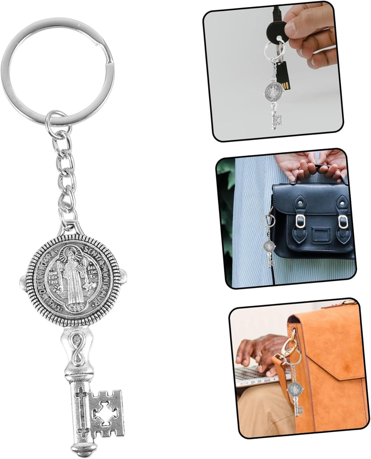 Key Chain Religious Keychain Charm Feng Shui Keychain St Benedict Medals Cross Crucifix Key Ring Key Shaped Handbag Charms Crucifix Back Keyring Metal
