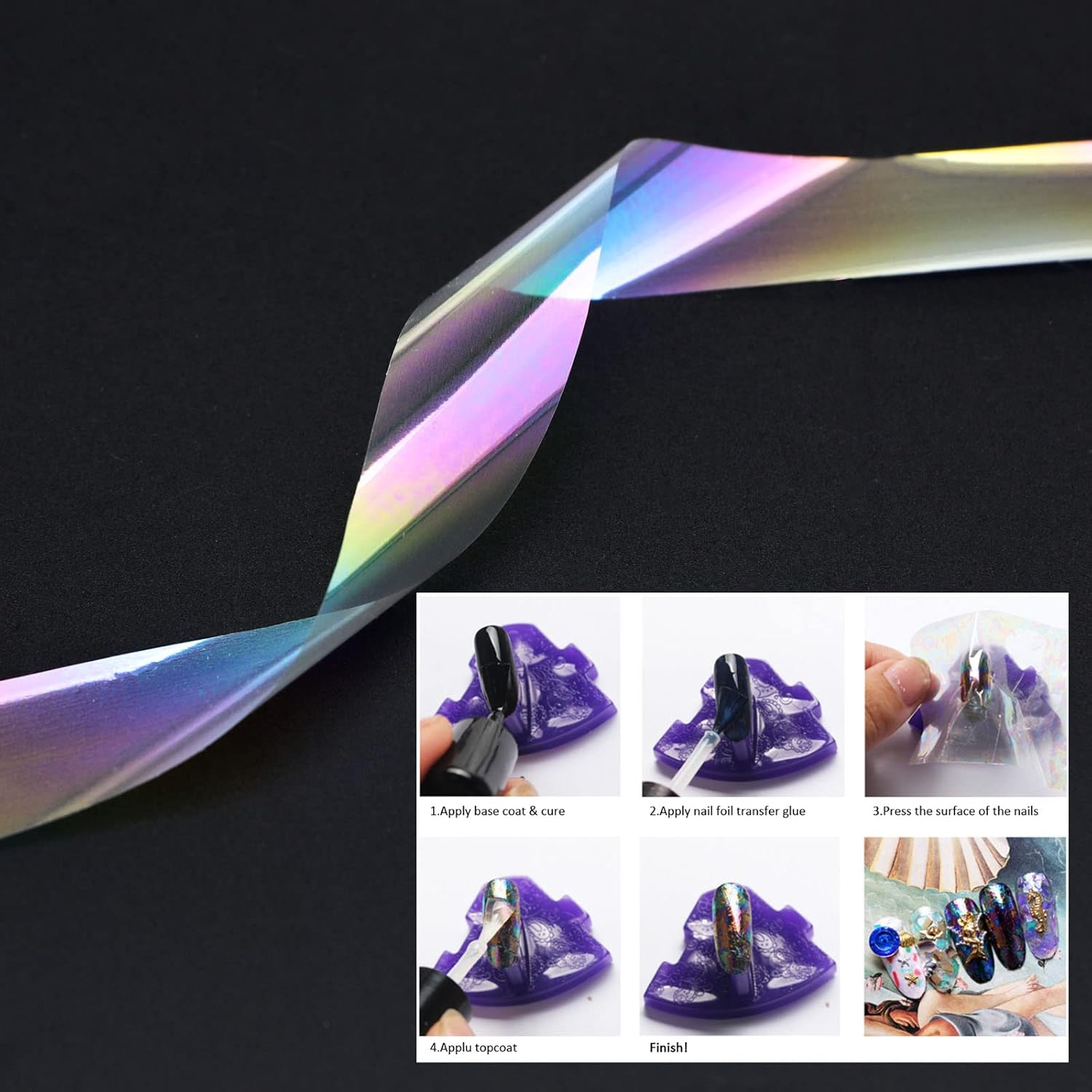 Emsea 10 Rolls White Pearl Color Holographic Nail Foil Transfer Sticker Roll Set Nail Art Transfer Glitter Stickers for Nail Art Decoration DIY Salon -Style-B image number 2