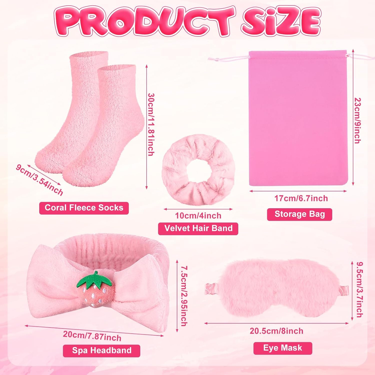 Girls 30 Piece Playset Pyjamas 6 Spa Hair Bands with Bow Strawberry Pink 6 Plush Sleep Masks 6 Velvet Scrunchies 6 Pairs Fluffy Socks 6 Makeup Bags image number 5