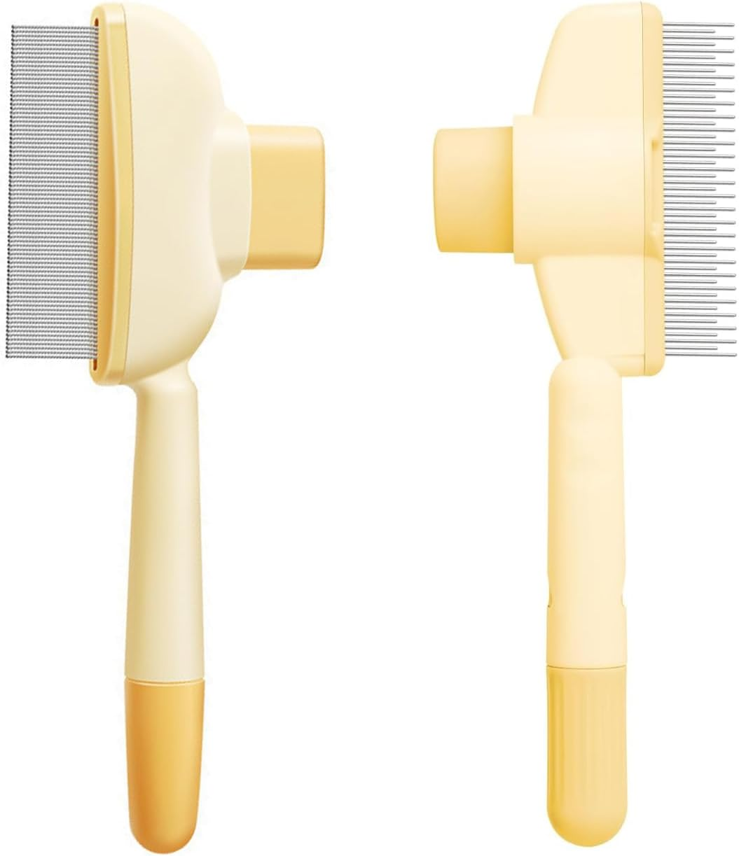 Yharnamite 2 Pcs Pet Hair Removal Flea Comb, Grooming Brush Suitable for Cat and Dog, Multifunctional Cat Brush with Release Button for Short & Long Hair (Yellow)