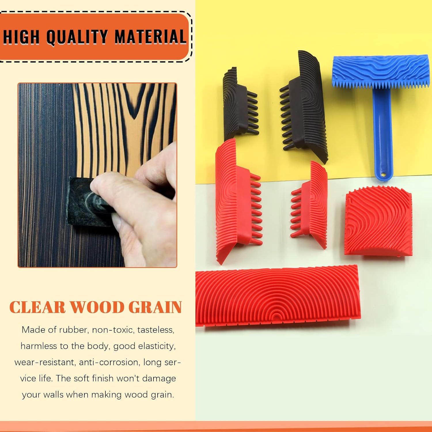 Tanstic 8Pcs Wood Graining Painting Tool Set, Red Black Blue Rubber Wood Grain Tool and Rubber Empaistic Wood Texture Pattern Roller with Handle for Wall Floor Furniture DIY Room Decoration image number 4