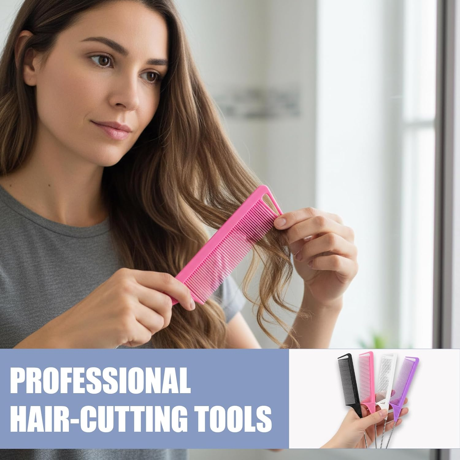 6 Pack Rat Tail Comb, Stainless Steel Pintail & Heat Resistant Carbon Fiber Teasing Comb for Women - Hair Parting, Styling, Backcombing(Black, White, Pink, Purple) image number 2