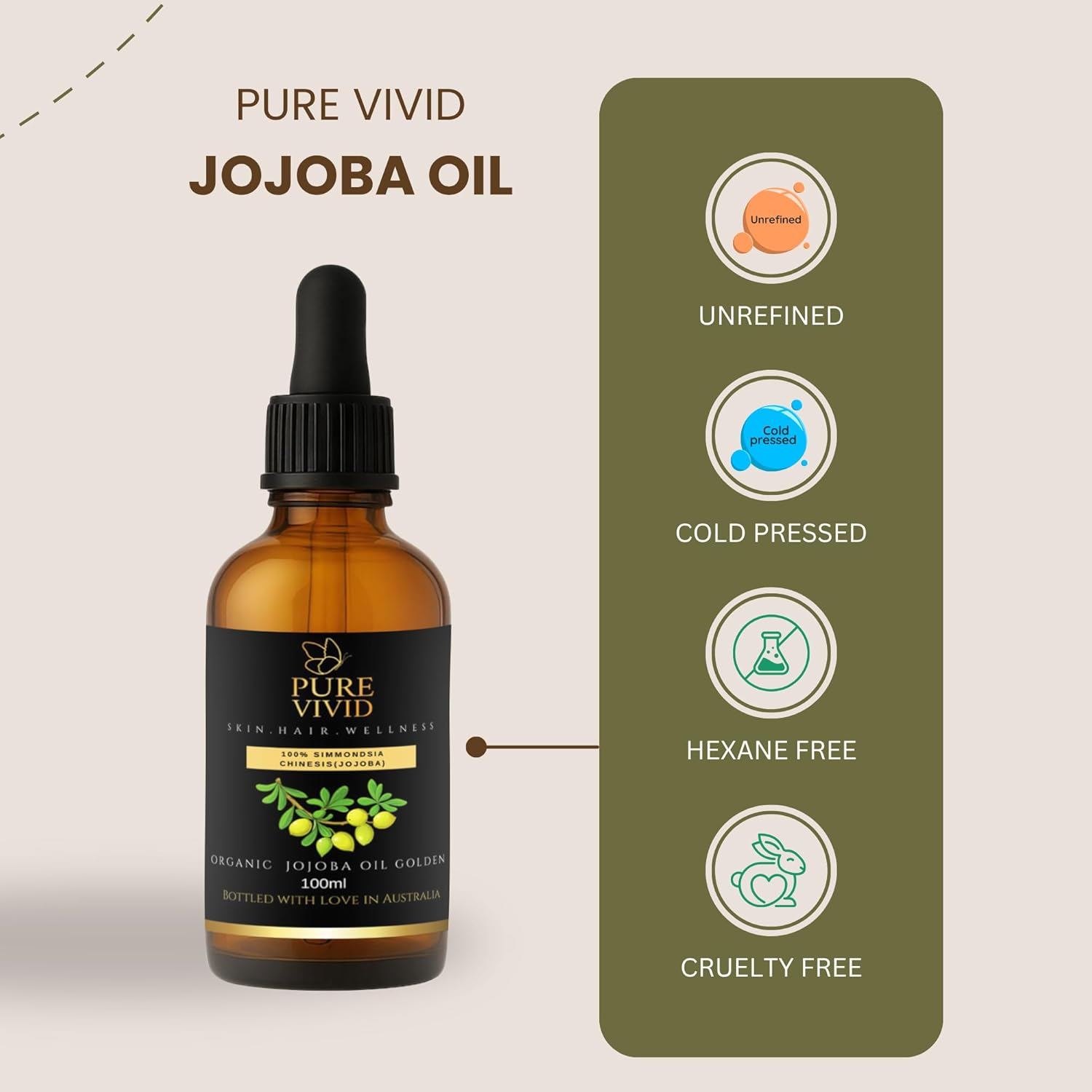 Organic Jojoba Oil for Skin, Hair & Nails | 100% Pure Cold-Pressed Golden Oil | Unrefined, Non-Gmo Carrier Oil &ndash; 100Ml Dropper Bottle image number 1