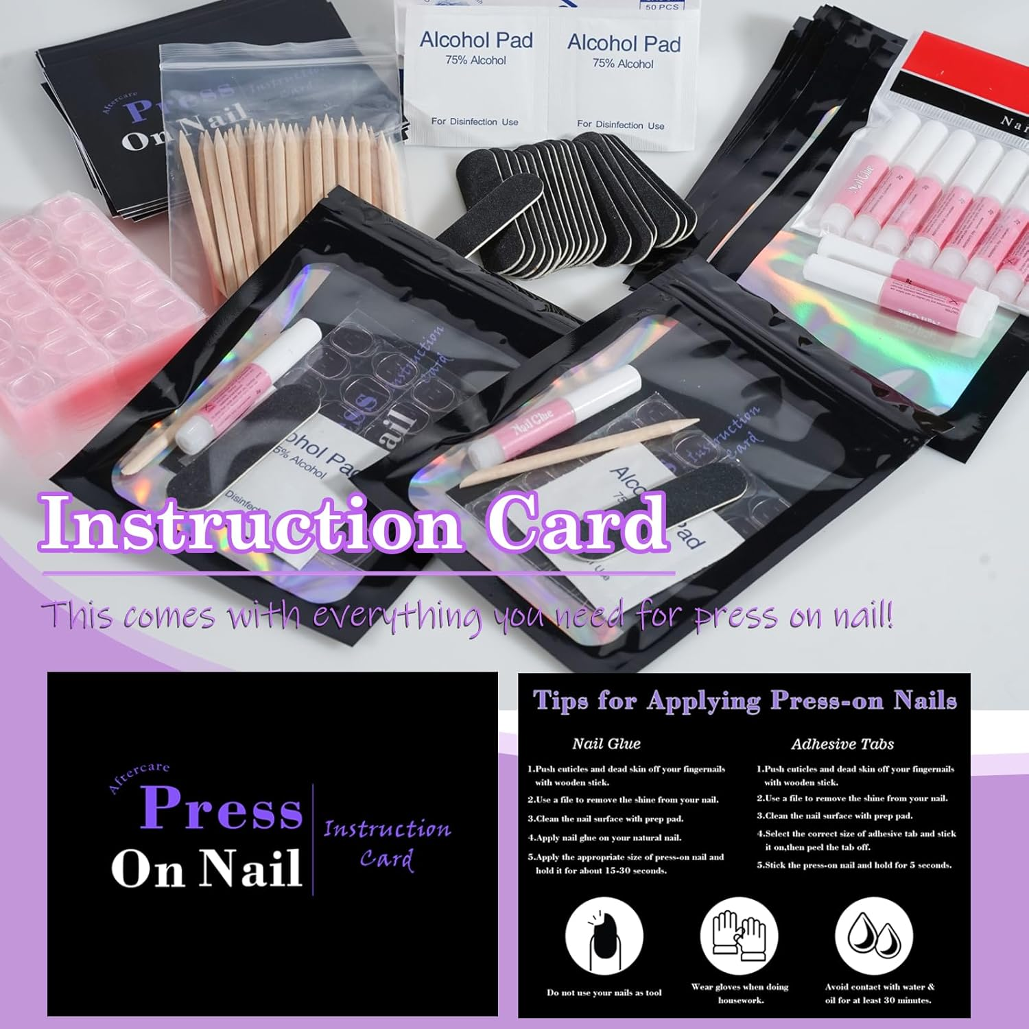Disposable Nail Supplies Kits,Professional Manicure Press on Nail Tool Kit with Nail File,Adhesive Tabs,Nail Glue,Sticks, Prep Pads,Bags,Cards for Nail Business(Black-140Pcs20Set) image number 1