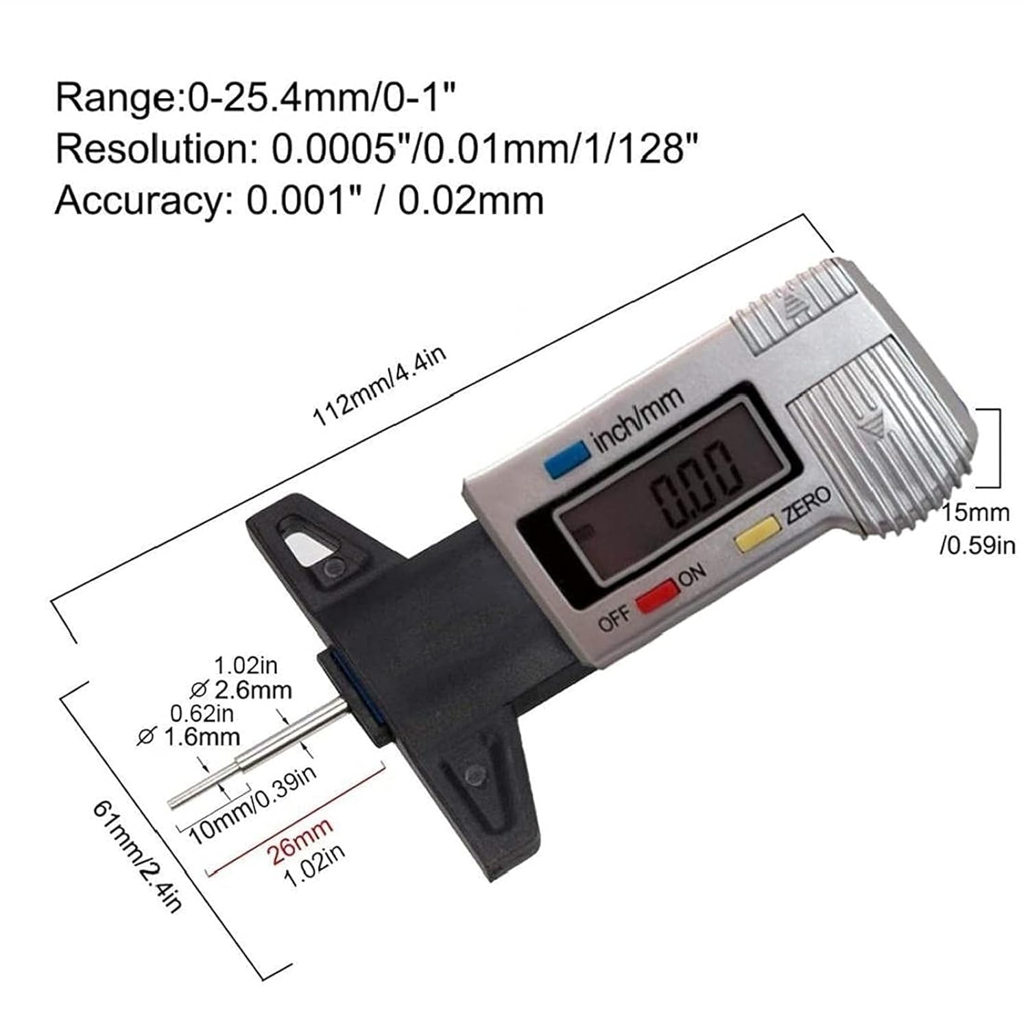 Tire Tread Depth Gauge, Digital Tire Tread Depth Gauge LCD with Inch and MM Conversion of 0-0.98 Inches, Tread Checker Tire Tester for Cars Motorcycle Trucks Vans SUV (Silvery) image number 1