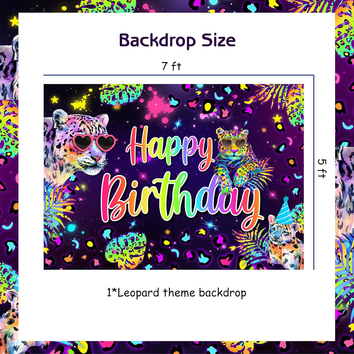 Wonmelody 7 * 5Ft Rainbow Leopard Birthday Backdrop Rainbow Cheetah Party Decorations Neon Leopard Photography Background Safari Wild Cheetah Photoshoot Backdrop Party Supplies for Women Girls image number 5