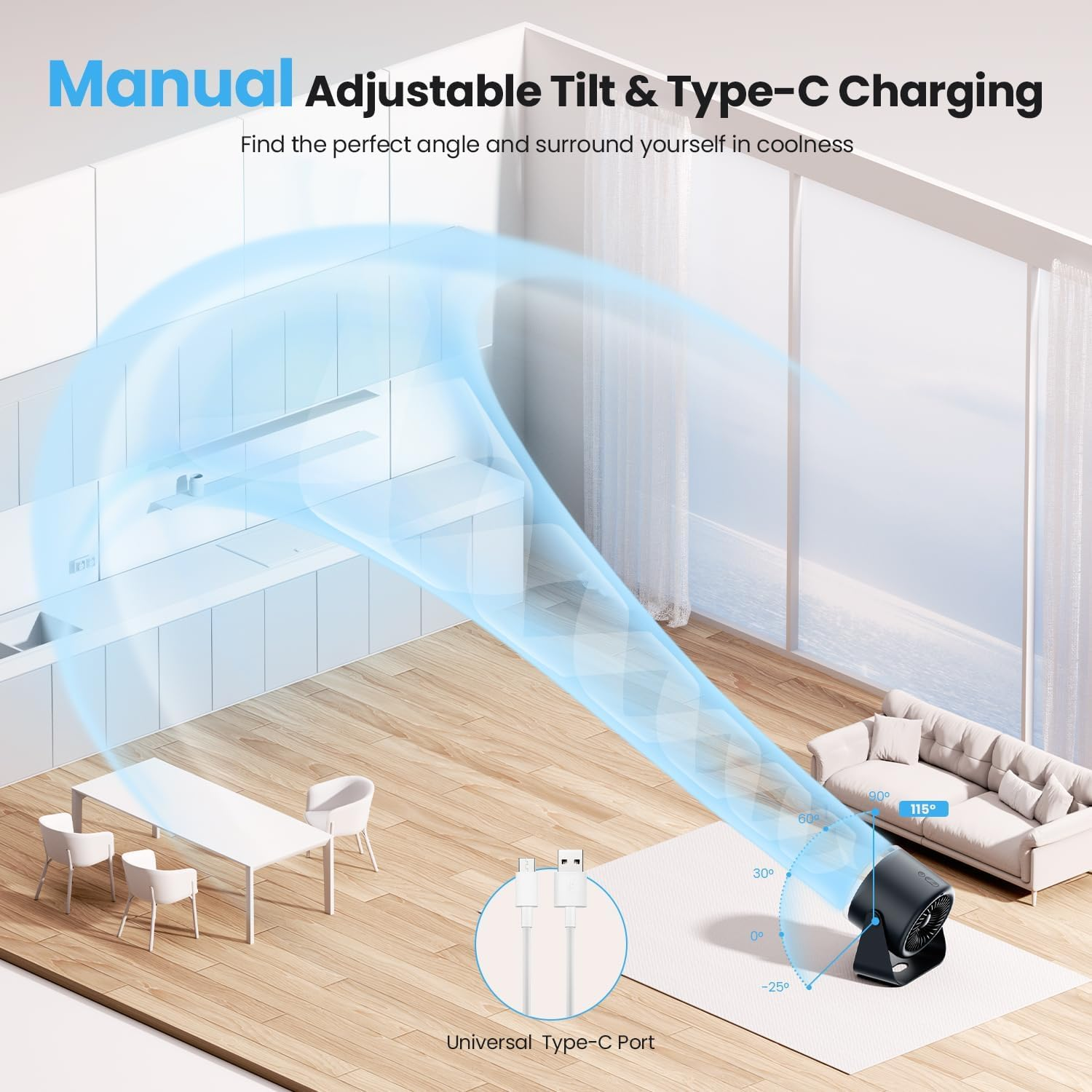 WSKEN Desk Fan with Battery Operated, Quiet Digital Display Portable Fan for Office, Bedroom, Kitchen, Home, Outdoor, 100 Speeds 115&deg; Tilt Small Travel Camping Table Fan, Blue-Gray - Blue-Gray image number 4