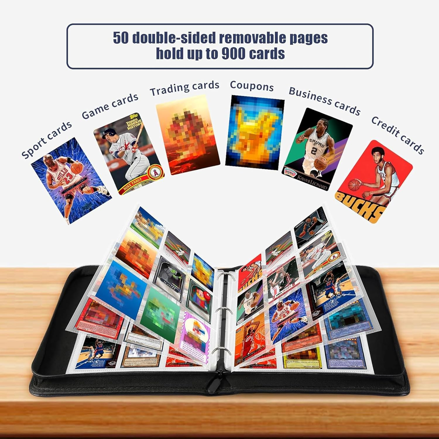 900-Capacity Zippered Trading Card Binder,9-Pocket PU Leather Organizer with 50 Removable Pages for Sports & TCG Cards (Baseball/Basketball/Football) image number 4