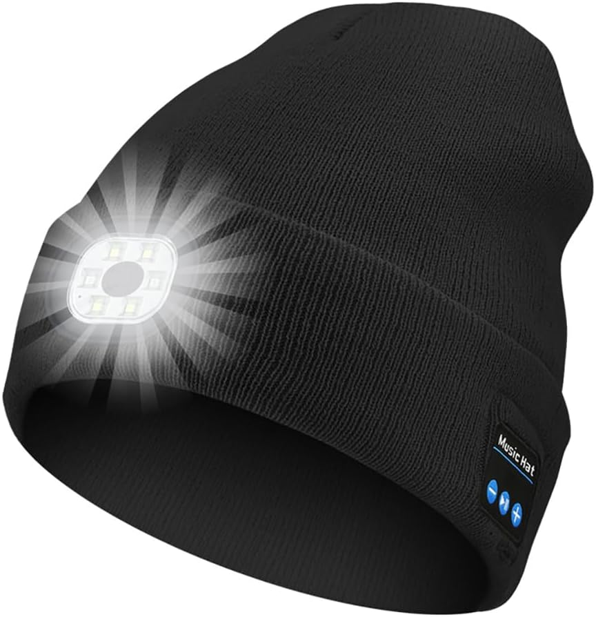 Bluetooth Beanie with a Light, Unisex USB Rechargeable LED Fashlight Hat with Cordless Headphones, Unique Christmas Birthday Gifts for Men Him Husband Teen Black image number 2