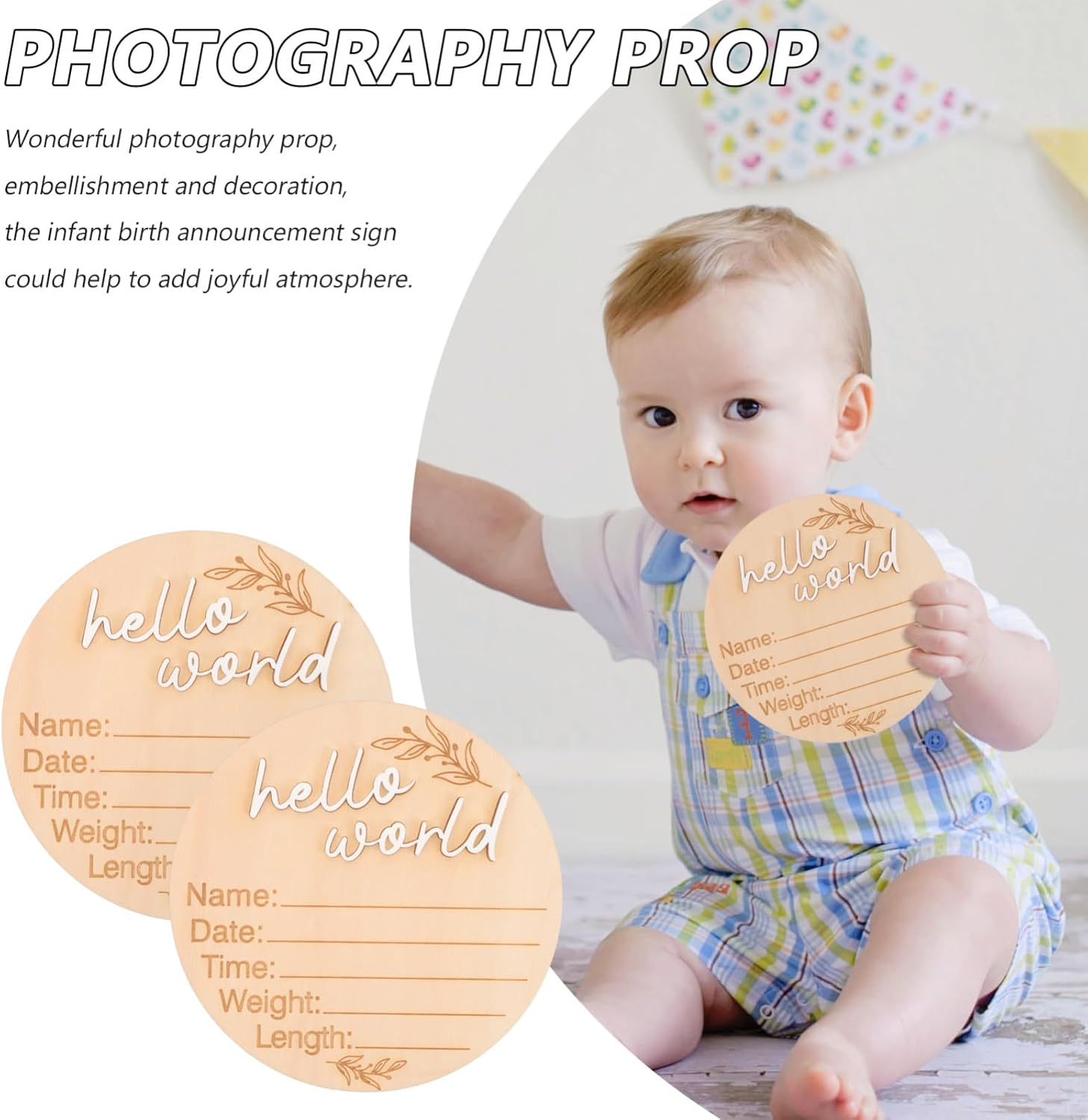 Toddmomy 2Pcs Wooden Baby Birth Announcement Sign Discs Newborn Milestone Cards Nursery Announcement Board Baby Monthly Props for Infant Growth Tracking image number 1