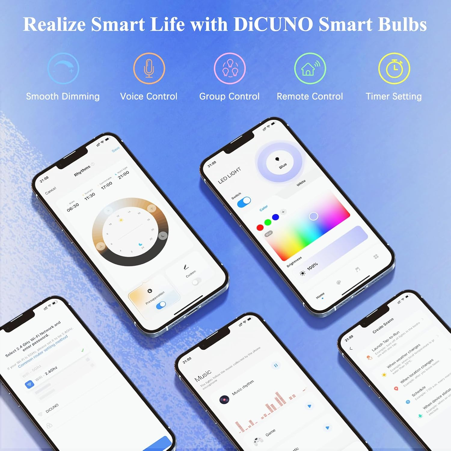 Dicuno GU10 Smart Bulbs, Wifi Light Bulbs, Works with Alexa and Google Home, Dimmable LED Spotlights, 5W = 50W, 450LM, 2700K-6500K, 110 Degree Beam Angle, 100-240V, No Hub Required, Pack of 4 image number 1