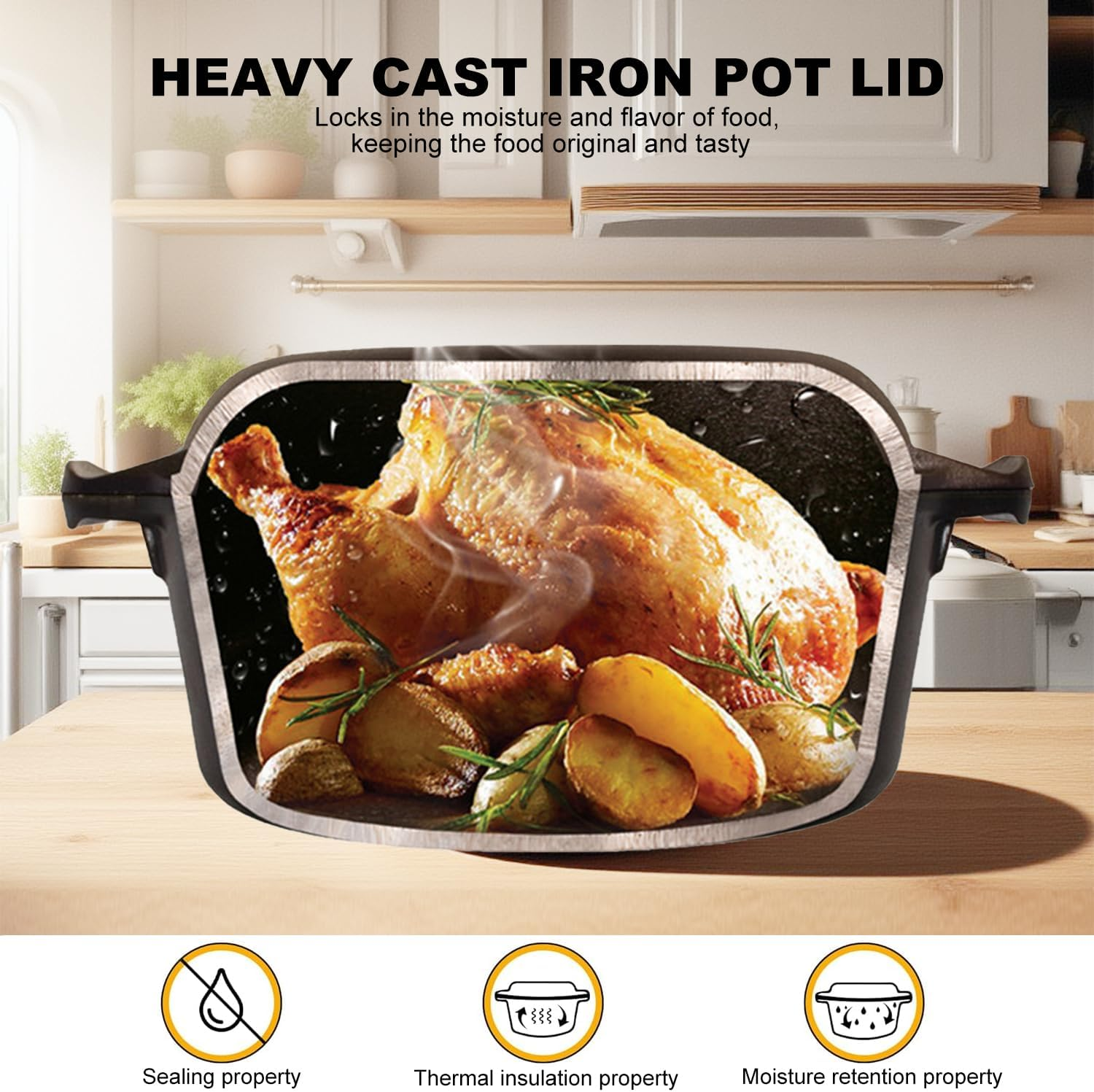 2-In-1 Pre-Seasoned Cast Iron Dutch Oven Pot with Skillet Lid Cooking Pan, round Double Function Dutch Oven, Cast Iron Pots and Pans Set with Anti-Scald Clip, Multi-Purpose, Diameter 26Cm, 4.7L image number 3