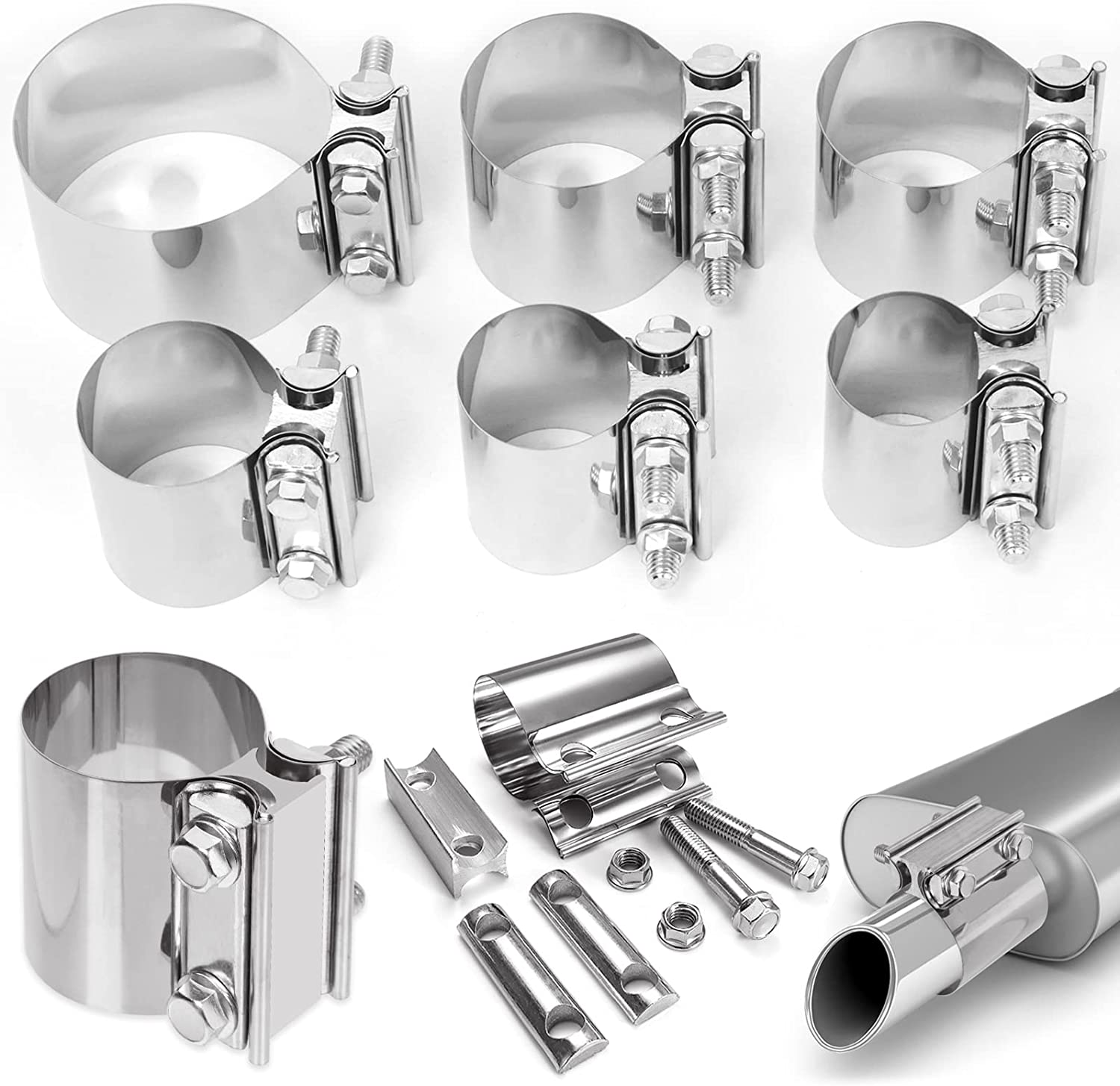 Swpeet 2Pcs 2.75 Inch Stainless Steel Exhaust Clamp, Lap Joint Band Clamp Exhaust Clamps Pipe Repair Parts, Butt Joint Exhaust Band Clamp Sleeve Coupler for Exhaust Pipes Mufflers