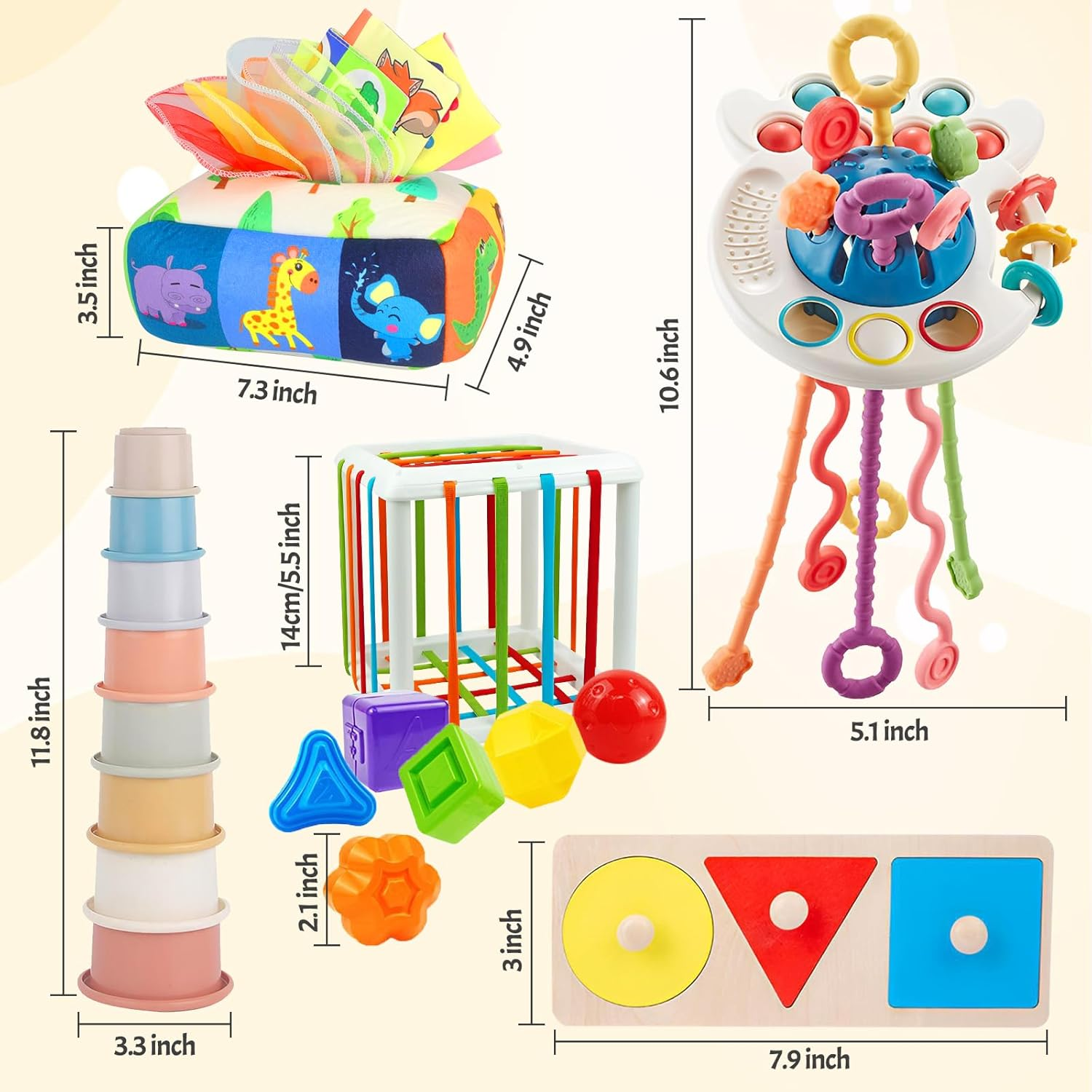 Oundarm 5 in 1 Montessori Sensory Toys for Baby Toddlers Pull String Activity Toy Stacking Cups Shape Sorter Cube Animals Tissue Box Wooden Geometric Shape Puzzles Educational Toys for 1 2 3 Years Old image number 4