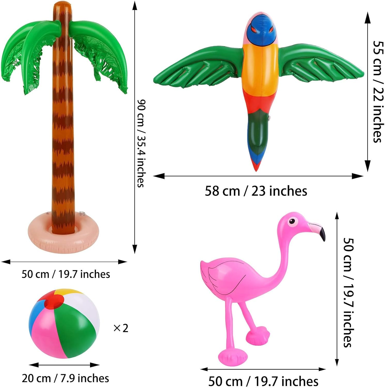 Ruisita Hawaiian Party Inflatable Toy Set Cactus with 8 Loops Palm Tree Flamingo Wingless Parrot 2 Pieces Beach Ball Dolphin Banana for Swimming Pool Beach Luau Fiesta Party Decor image number 1